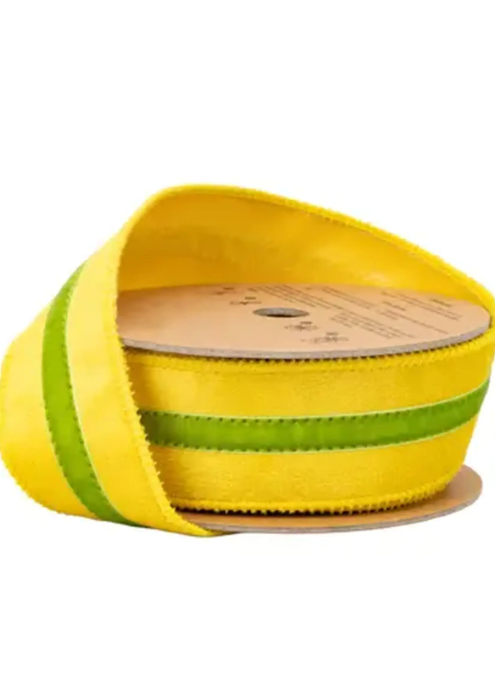 LA RIBBON 7021W-662-38E 1 1/2" Wired Velvet Ribbon w/ Trim | Yellow w/ Green Trim | 10 Yard Roll