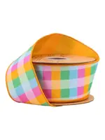 LA RIBBON 9222W-014-63E 2 1/2" Wired Dupioni Ribbon | Bright Multi-Check w/ Yellow Backing | 10 Yard Roll