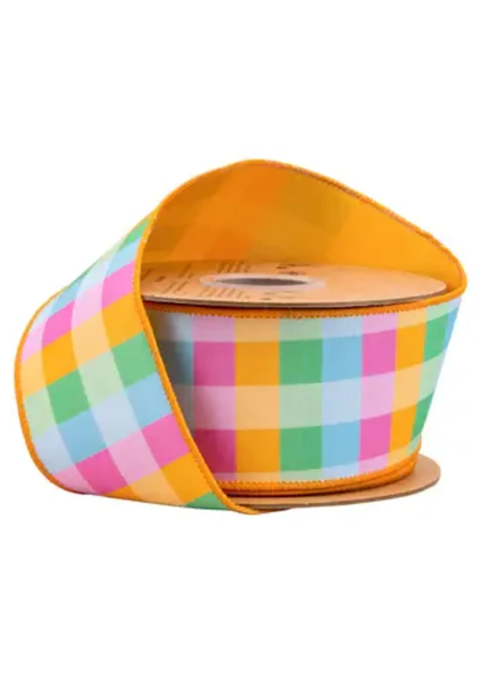 LA RIBBON 9222W-014-63E 2 1/2" Wired Dupioni Ribbon | Bright Multi-Check w/ Yellow Backing | 10 Yard Roll
