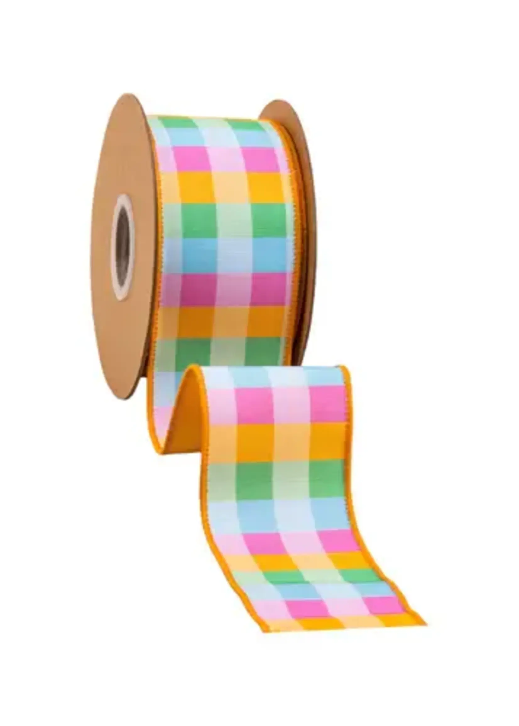 LA RIBBON 9222W-014-63E 2 1/2" Wired Dupioni Ribbon | Bright Multi-Check w/ Yellow Backing | 10 Yard Roll
