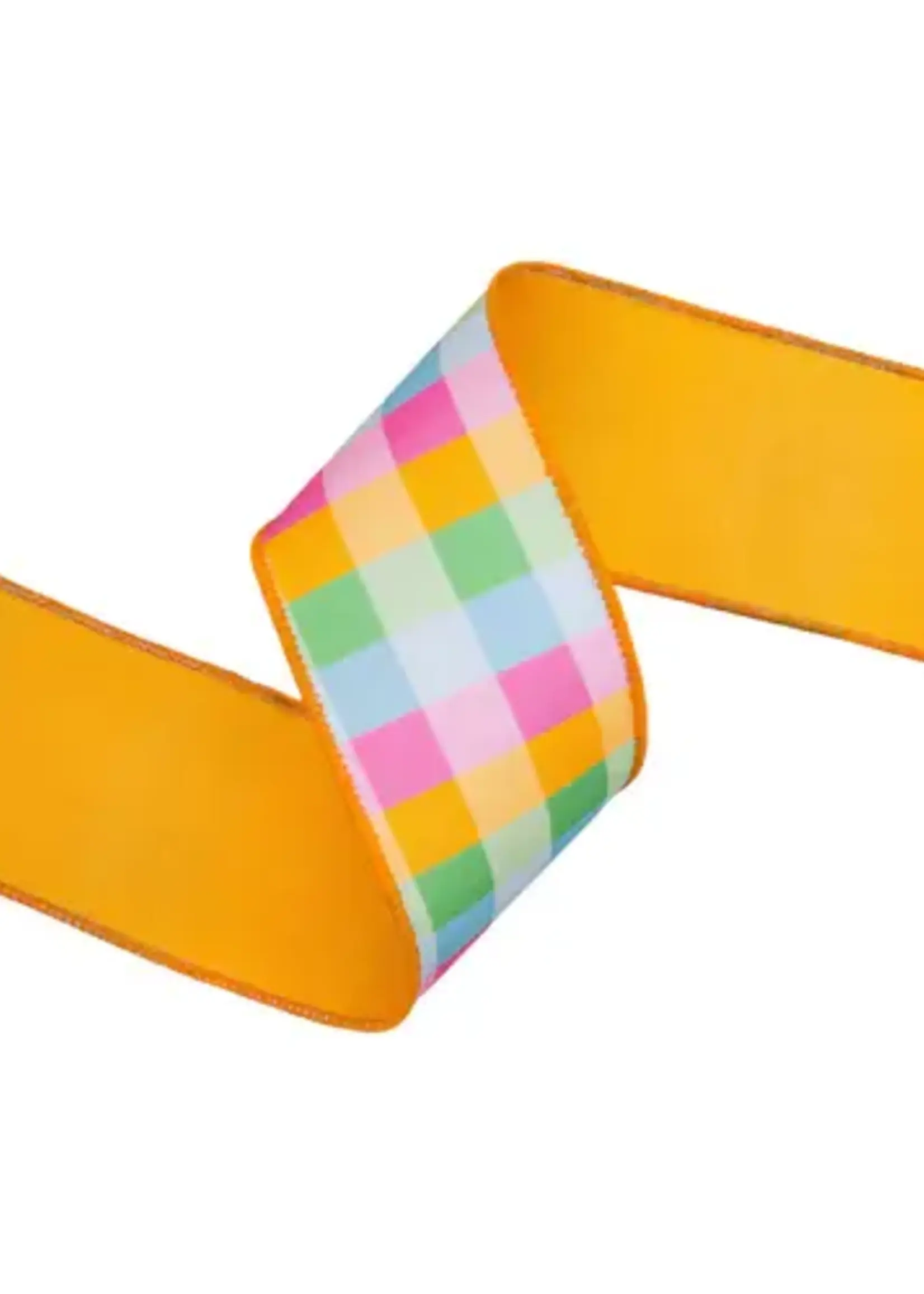 LA RIBBON 9222W-014-63E 2 1/2" Wired Dupioni Ribbon | Bright Multi-Check w/ Yellow Backing | 10 Yard Roll
