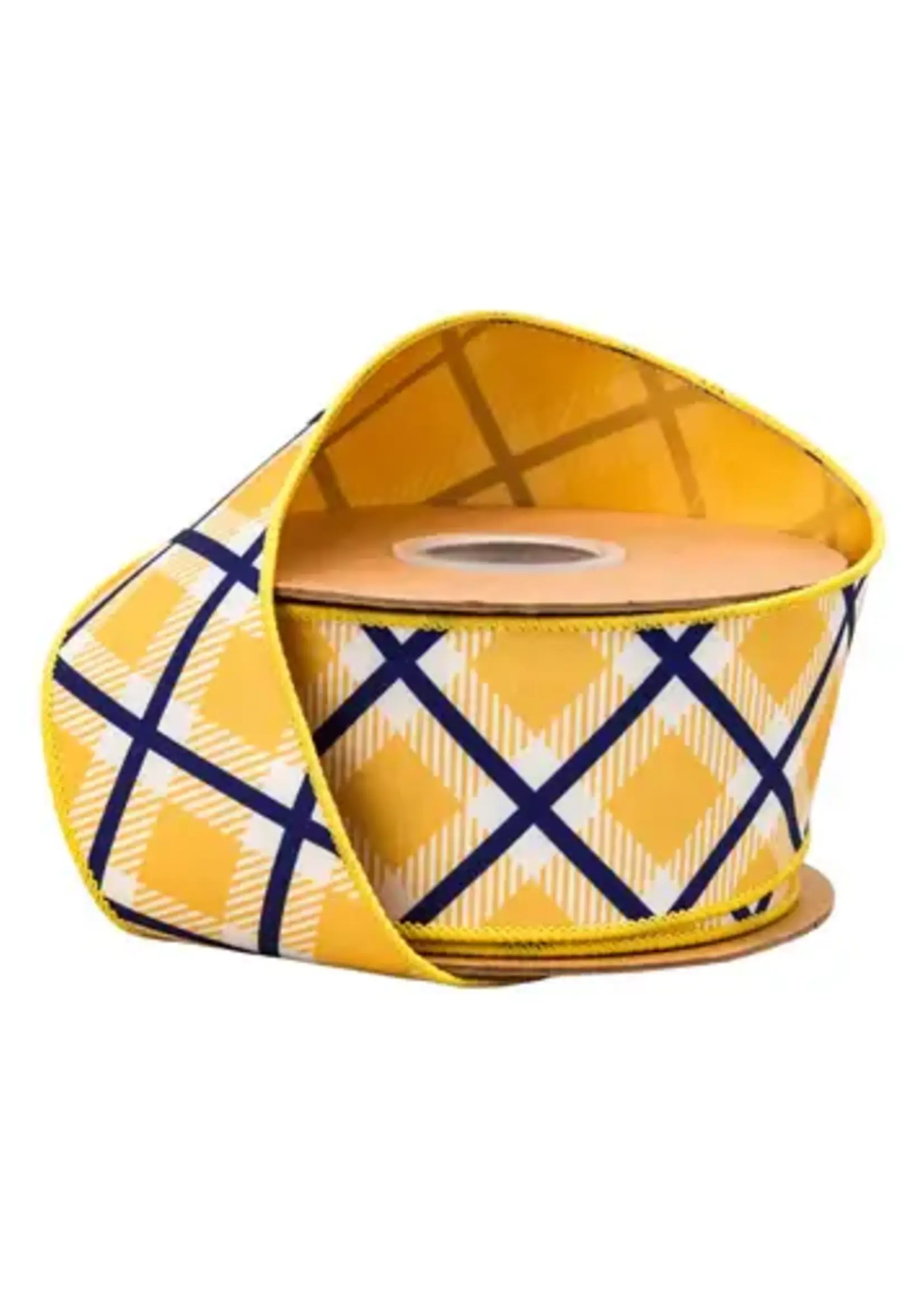 LA RIBBON 9367W-016-63E 2 1/2" Wired Dupioni Ribbon | Blue/White/Yellow Bias Plaid w/ Yellow Backing | 10 Yard Roll
