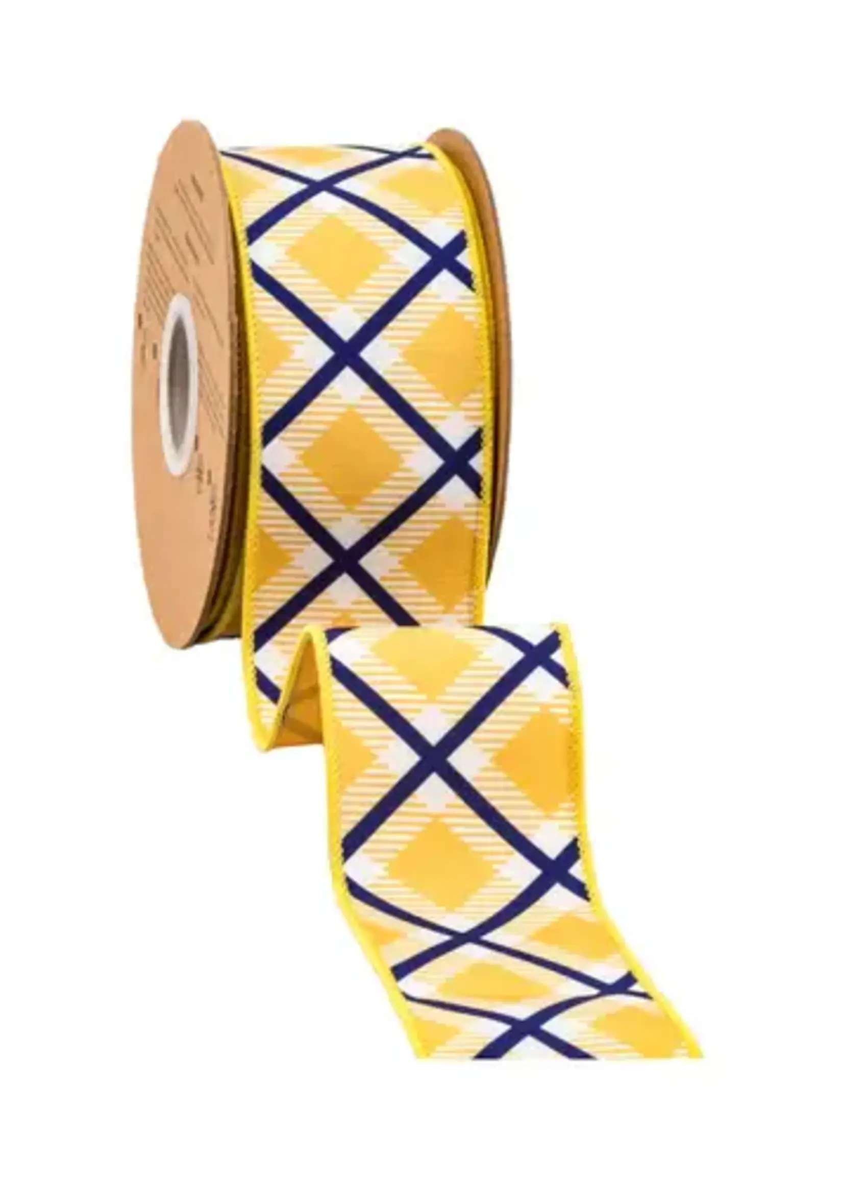 LA RIBBON 9367W-016-63E 2 1/2" Wired Dupioni Ribbon | Blue/White/Yellow Bias Plaid w/ Yellow Backing | 10 Yard Roll