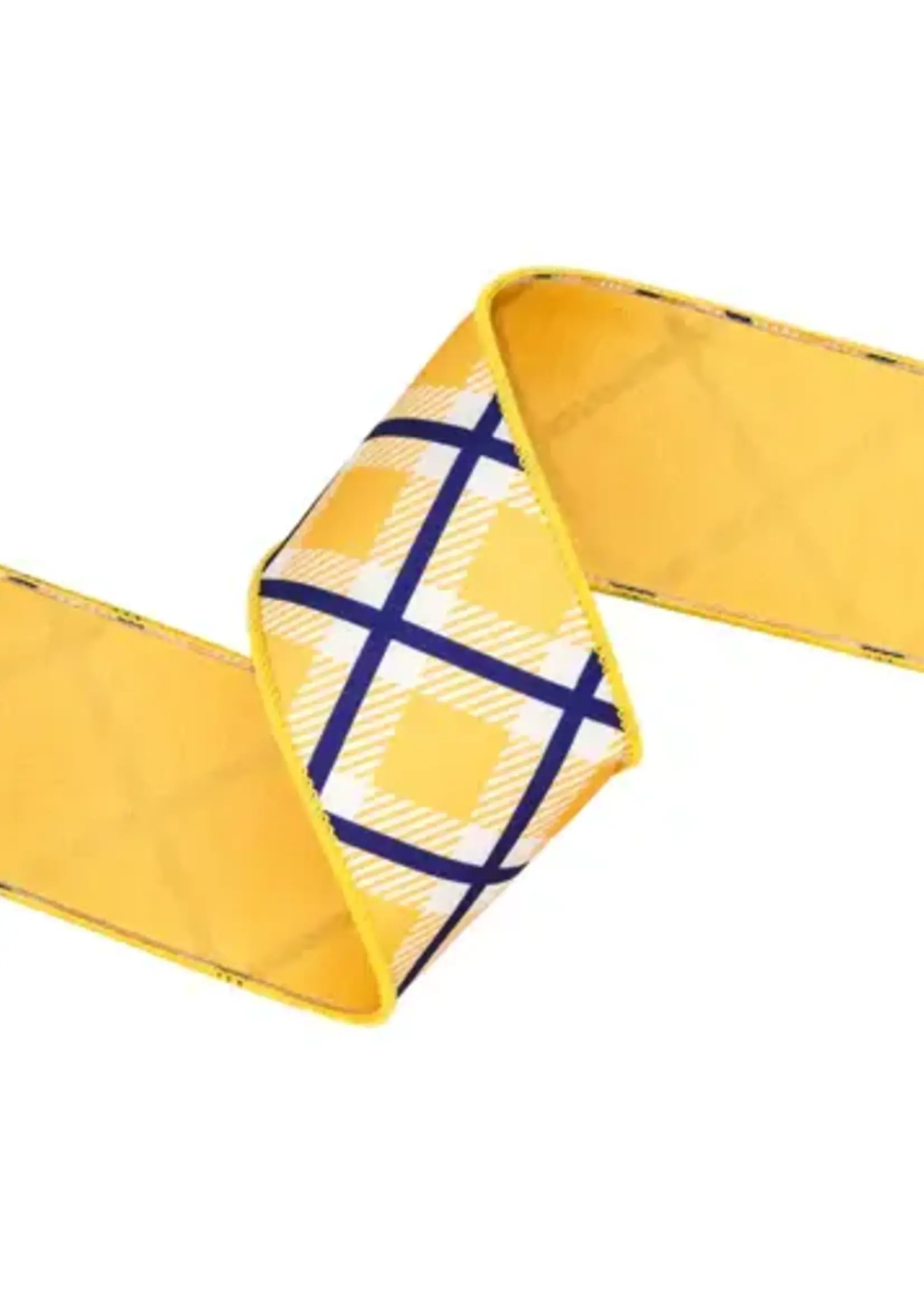 LA RIBBON 9367W-016-63E 2 1/2" Wired Dupioni Ribbon | Blue/White/Yellow Bias Plaid w/ Yellow Backing | 10 Yard Roll