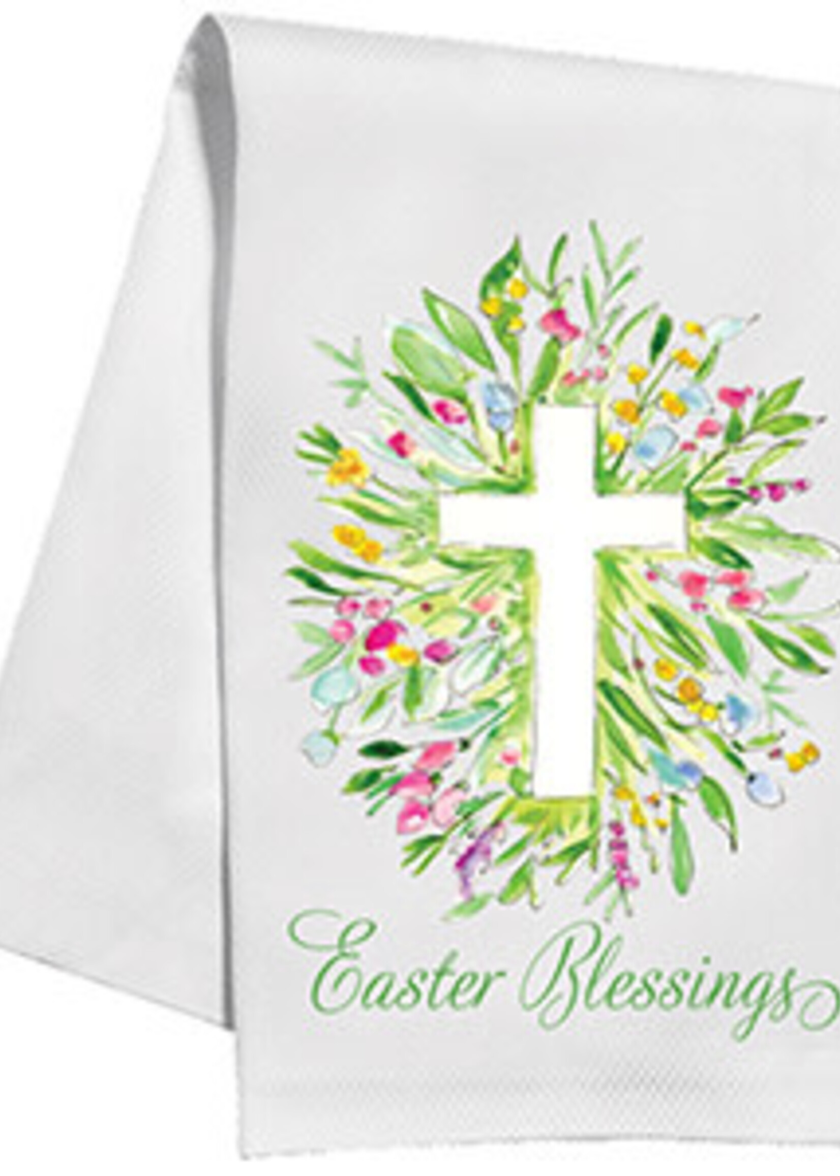 Rosanne Beck Kitchen Towel-Handpainted Easter Blessings Cross in Spring Florals and Greenery 016 1464