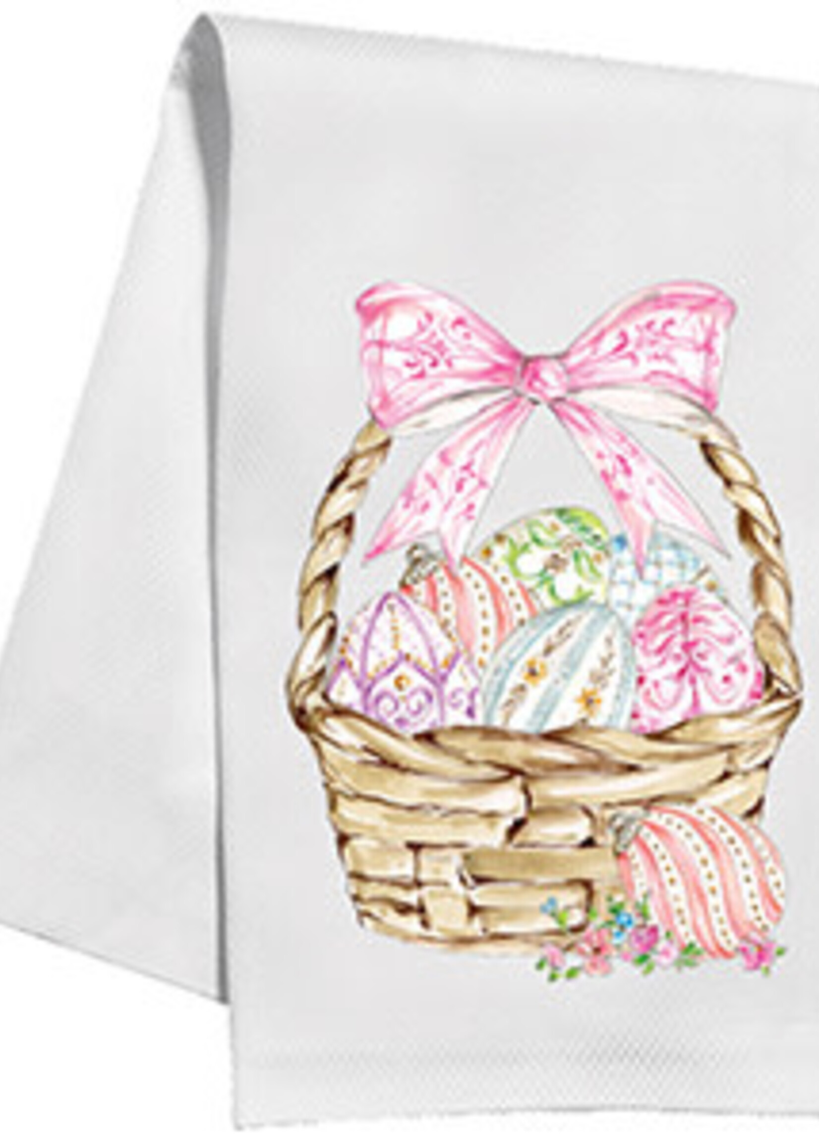 Rosanne Beck Kitchen Towel-Handpainted Easter Basket with Pink Bow Filled with Colorful Decorated Easter Eggs 016 1472