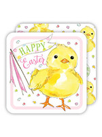 Rosanne Beck Die-Cut Coaster-Handpainted Happy Easter Yellow Chick with Banner and Polka Dots 031 1482
