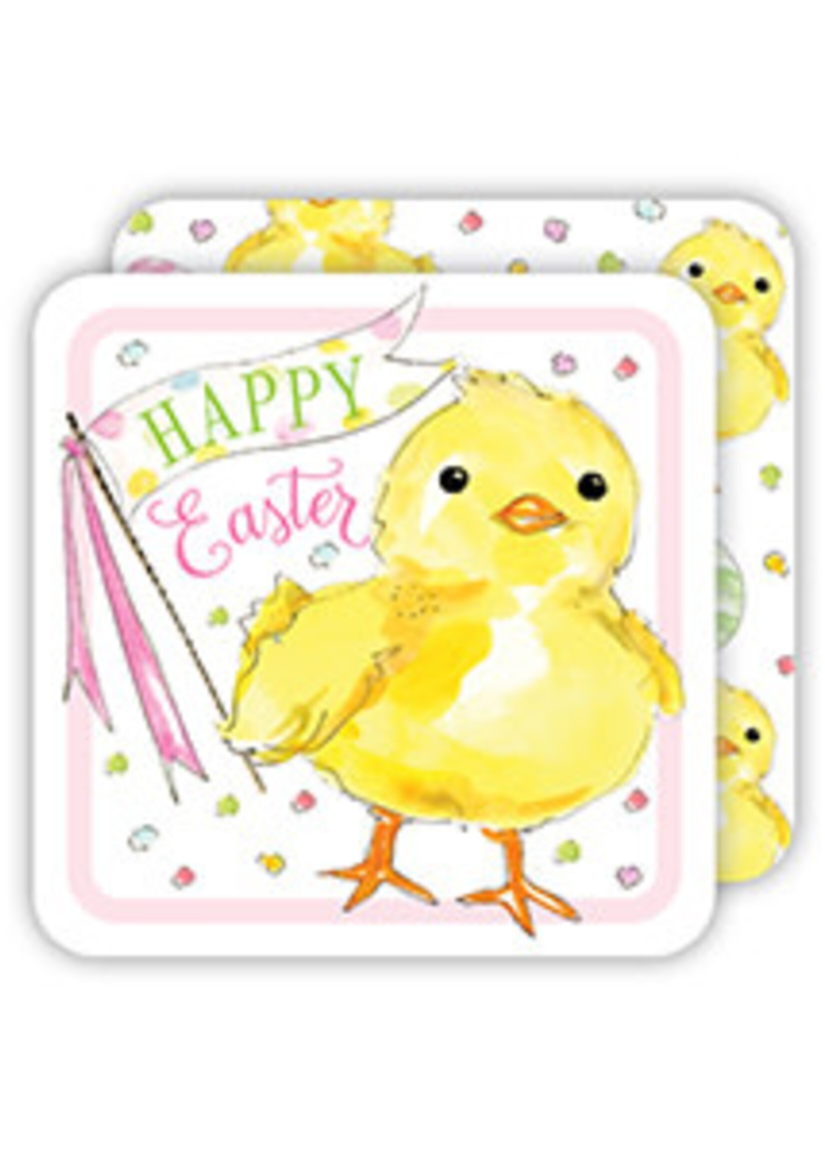 Rosanne Beck Die-Cut Coaster-Handpainted Happy Easter Yellow Chick with Banner and Polka Dots 031 1482