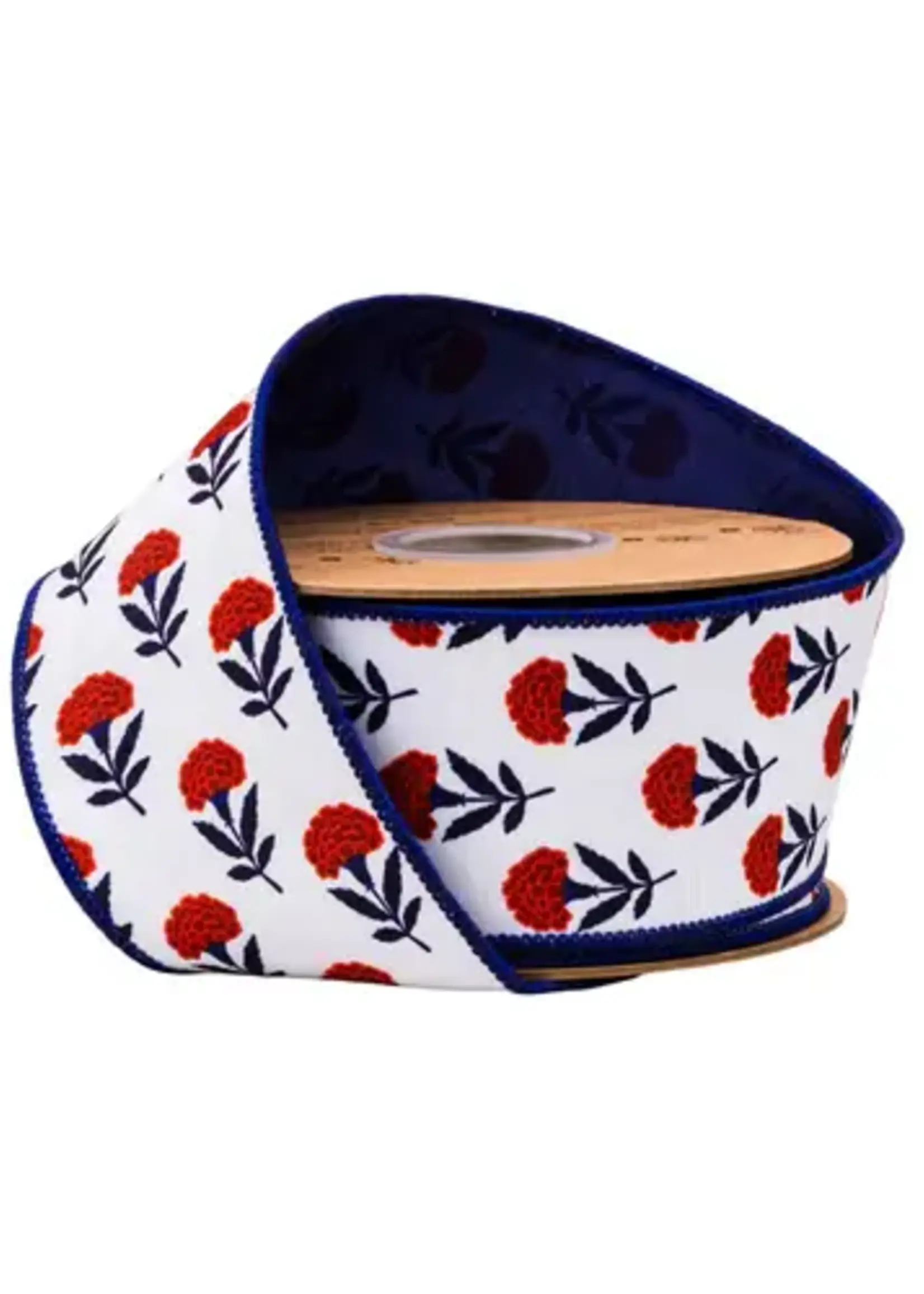 LA RIBBON 9354W-032-63E 2 1/2" Wired Dupioni Ribbon | Red/White/Blue Floral w/ Blue Backing | 10 Yard Roll