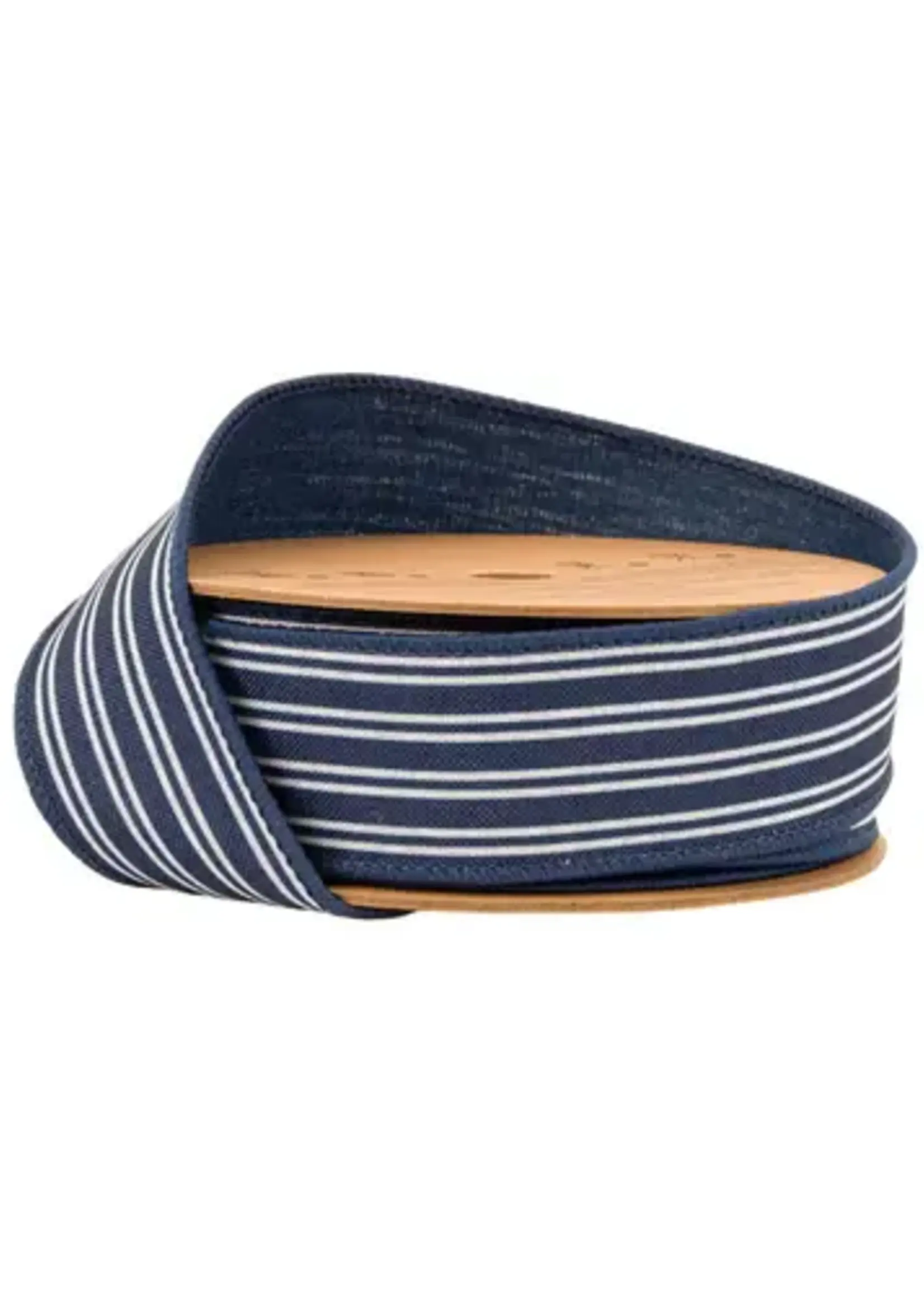 LA RIBBON 9557W-370-38E 1 1/2" Wired RIbbon | Ticking Stripe Navy | 10 Yard Roll