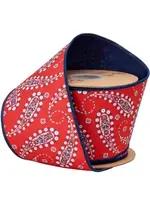 LA RIBBON 9356W-250-100E 4" Wired Dupioni Ribbon | White Paisley on Red w/ Blue Backing | 10 Yard Roll
