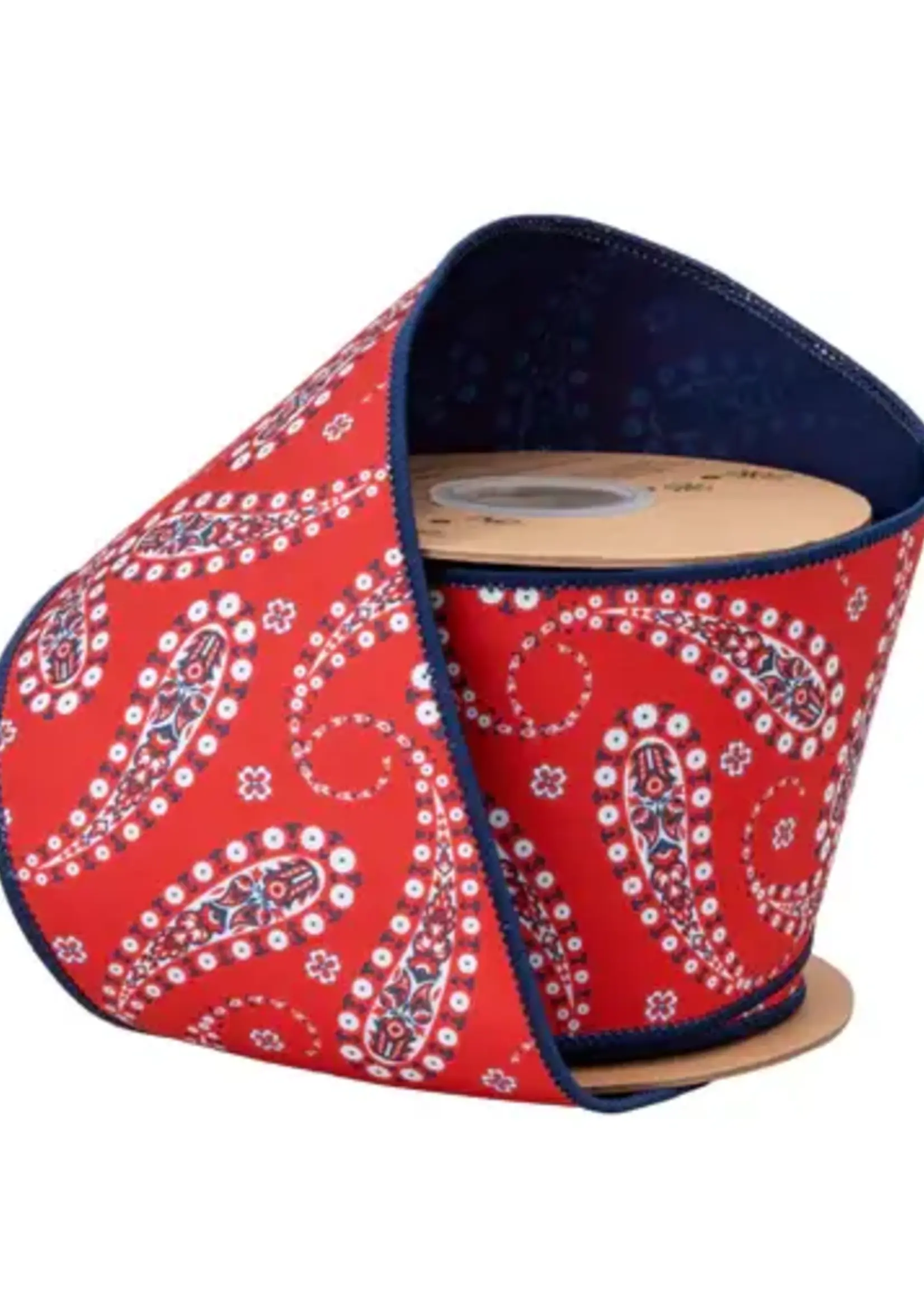 LA RIBBON 9356W-250-100E 4" Wired Dupioni Ribbon | White Paisley on Red w/ Blue Backing | 10 Yard Roll