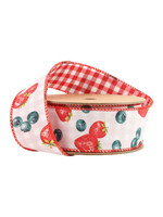 LA RIBBON 4401W-250-38E 1 1/2" Wired Ribbon |  Strawberry/Blueberries on White w/ Checked Back | 10 Yard Roll
