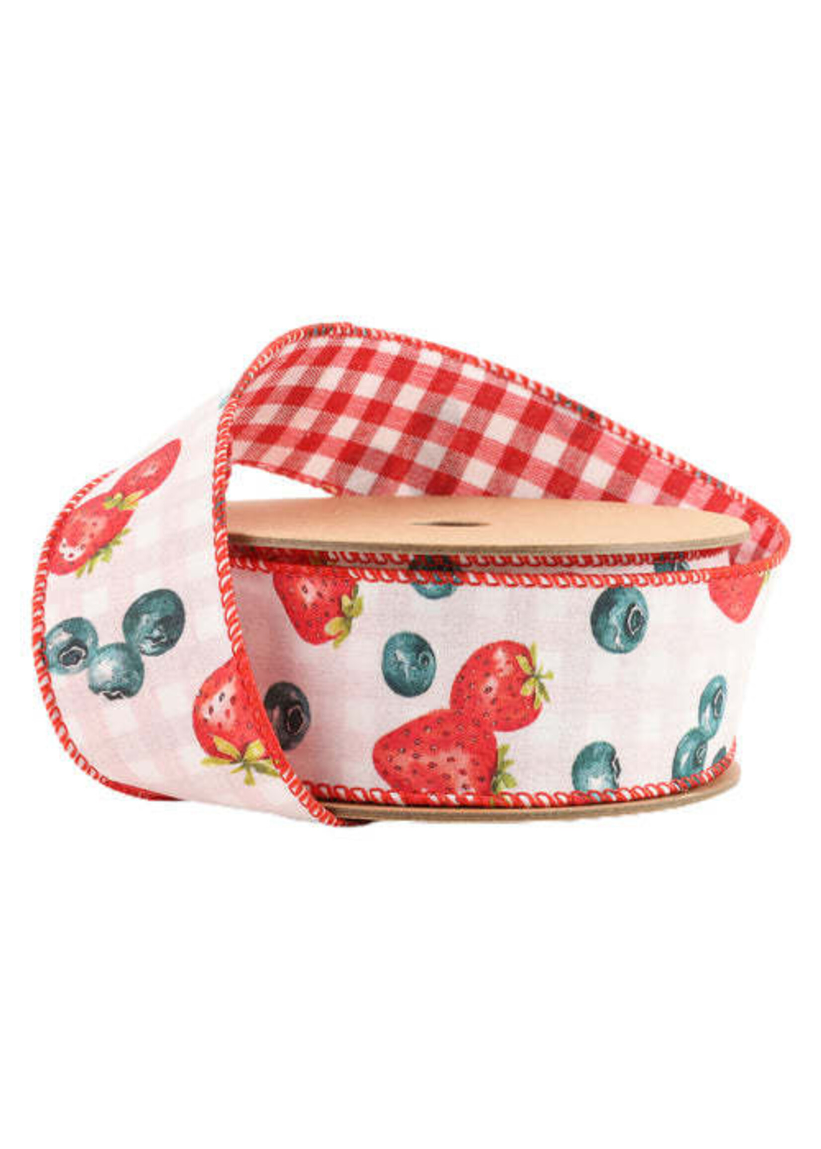 LA RIBBON 4401W-250-38E 1 1/2" Wired Ribbon |  Strawberry/Blueberries on White w/ Checked Back | 10 Yard Roll