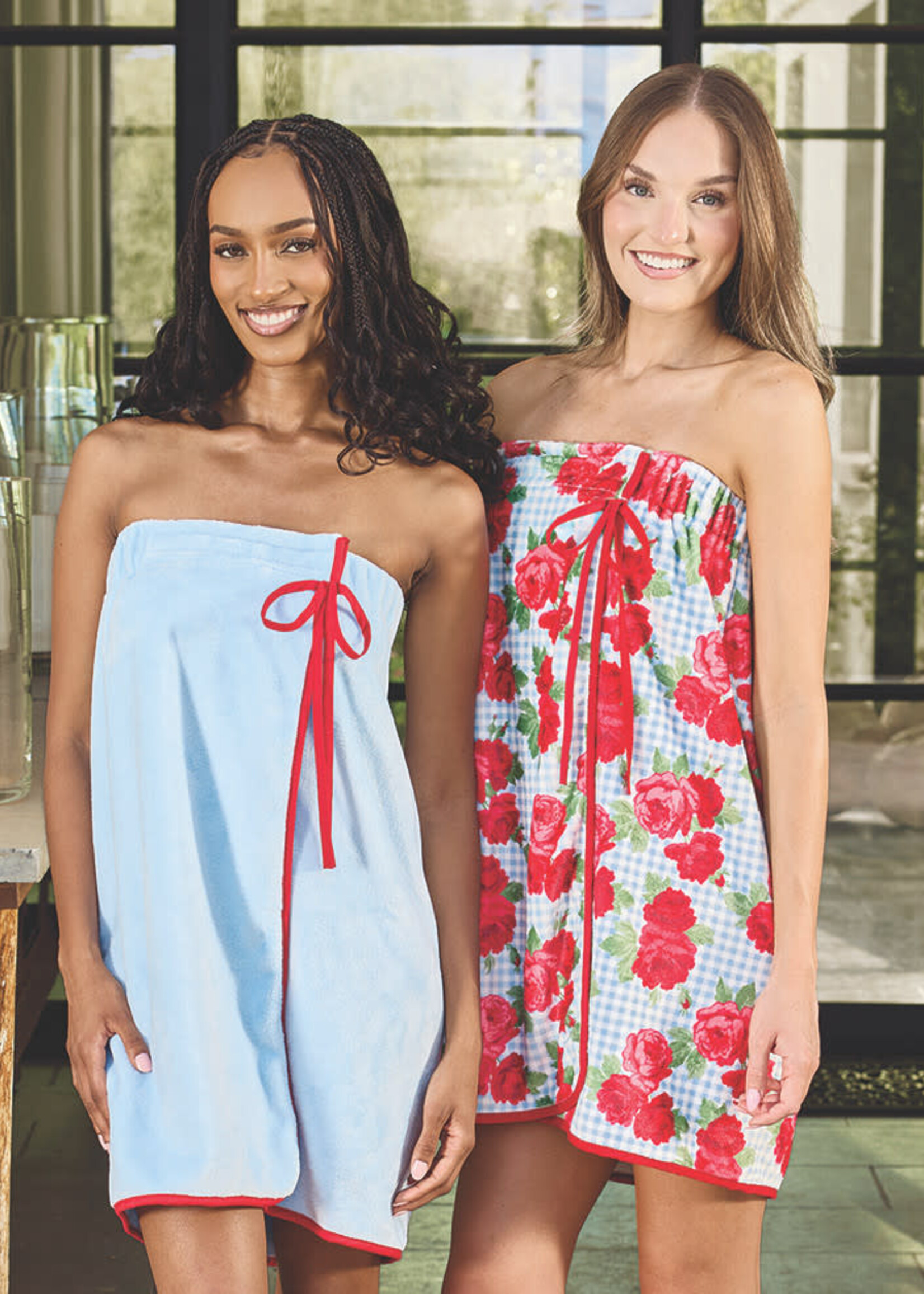 BELLA SLEEP + SPA Spa Wrap-B;ue Gingham Red-Rose w/ Bow