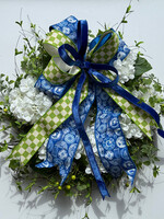 Custom Floral Custom Hand-Crafted White Hydrangea w/ Blue & Green Ribbon