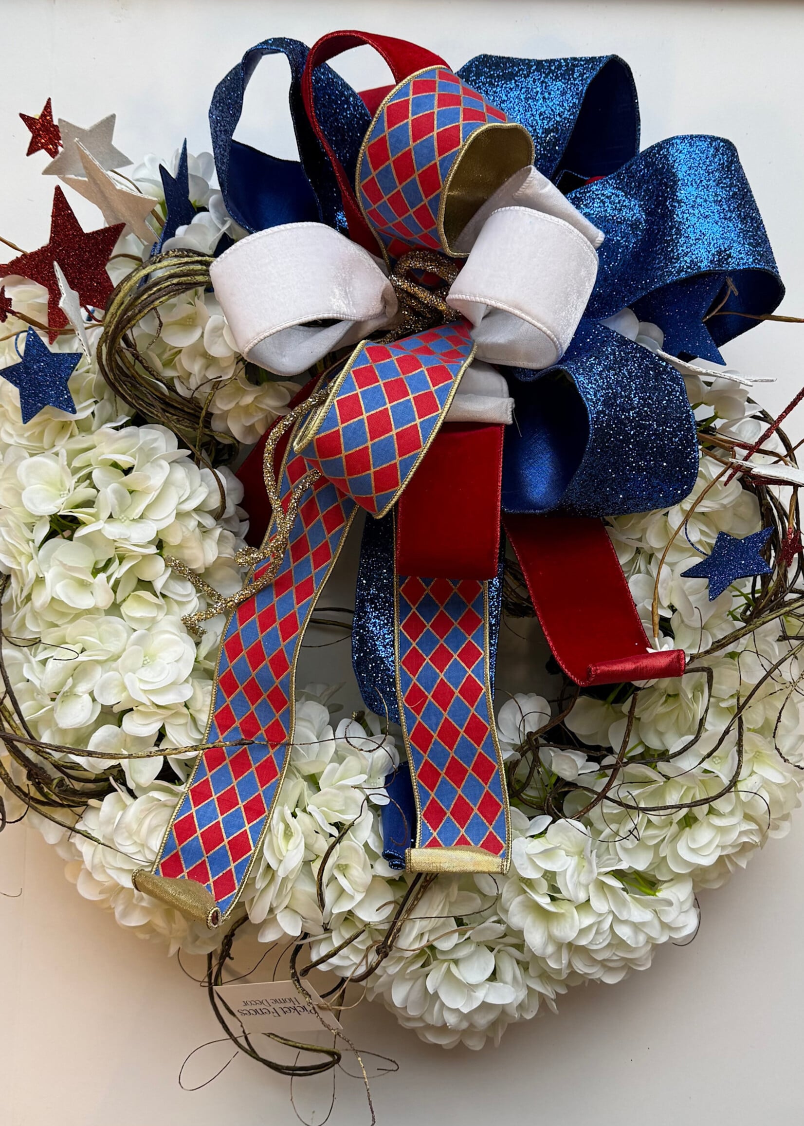 handcrafted floral Handcrafted Patriotic White Hydrangea Wreath