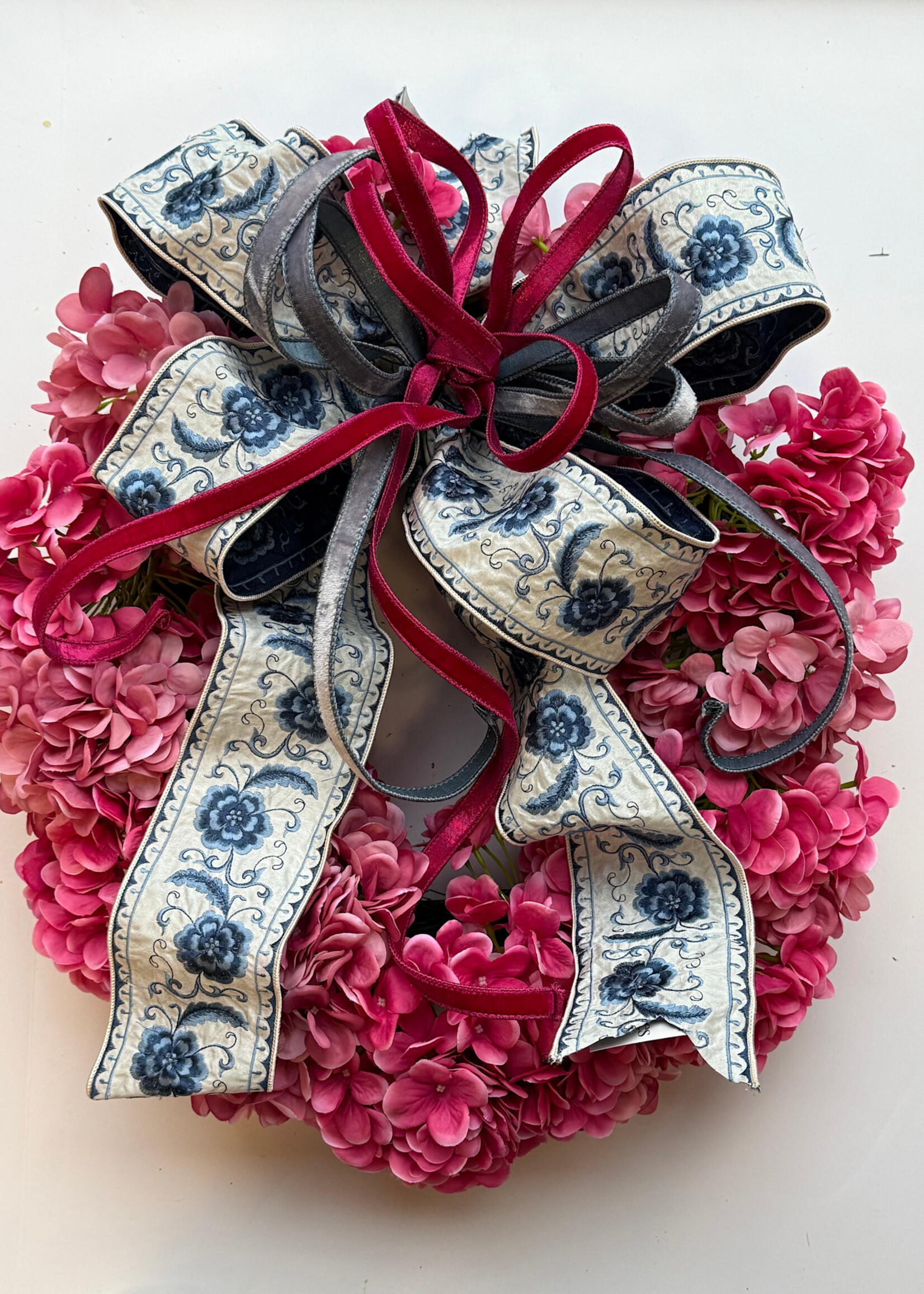 handcrafted floral Handcrafted Pink Hydrangea Wreath w/ Bow