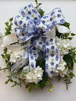 handcrafted floral Handcrafted White Hydrangea and Greenery Wreath w/ Bow