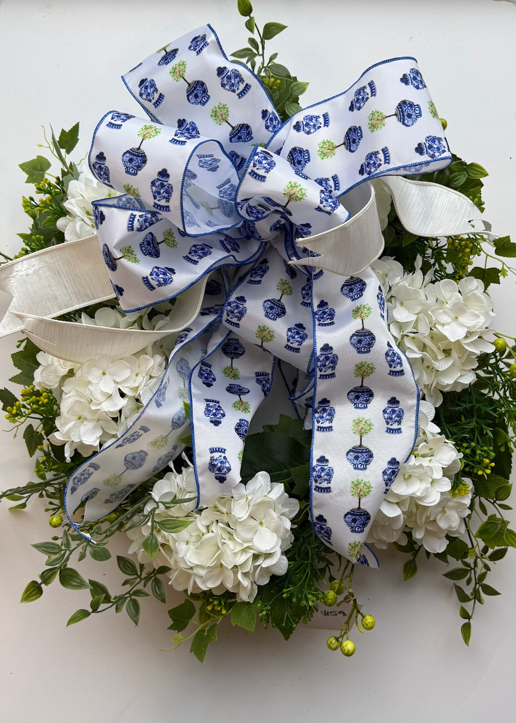 handcrafted floral Handcrafted White Hydrangea and Greenery Wreath w/ Bow