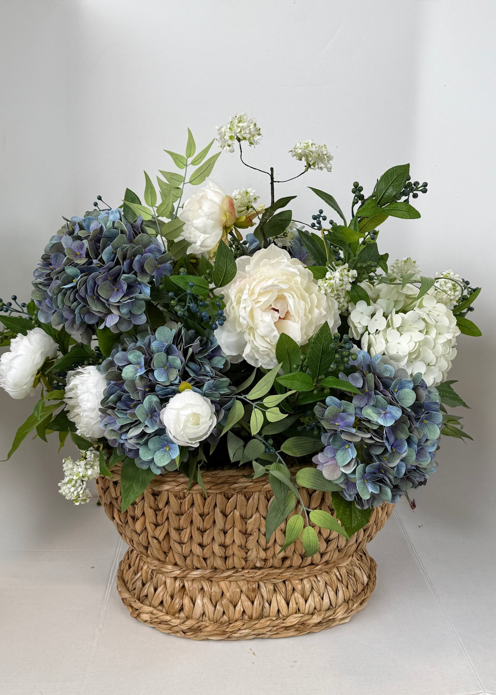 handcrafted floral Blue Hydrangea Garden Basket Arrangement