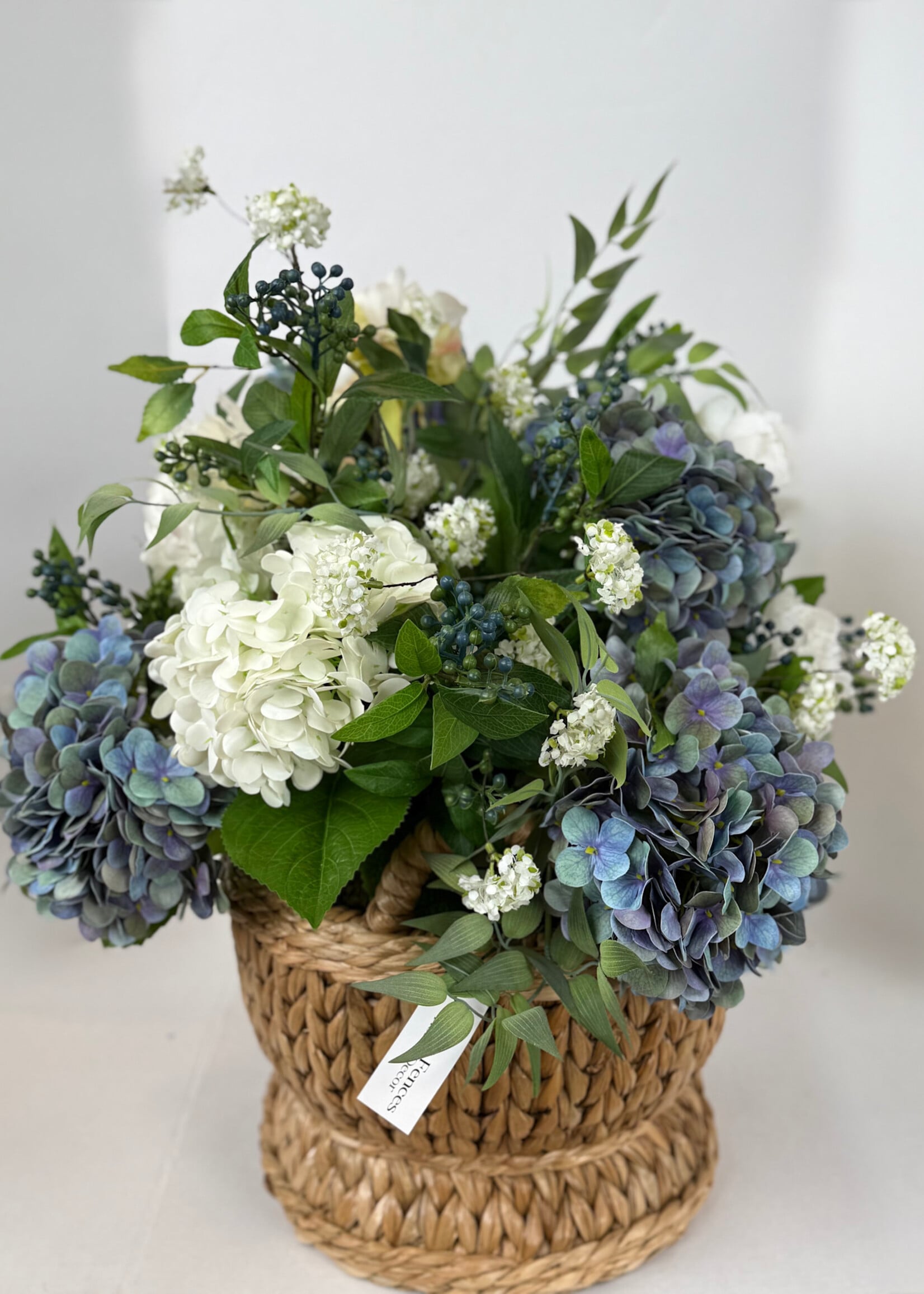 handcrafted floral Blue Hydrangea Garden Basket Arrangement