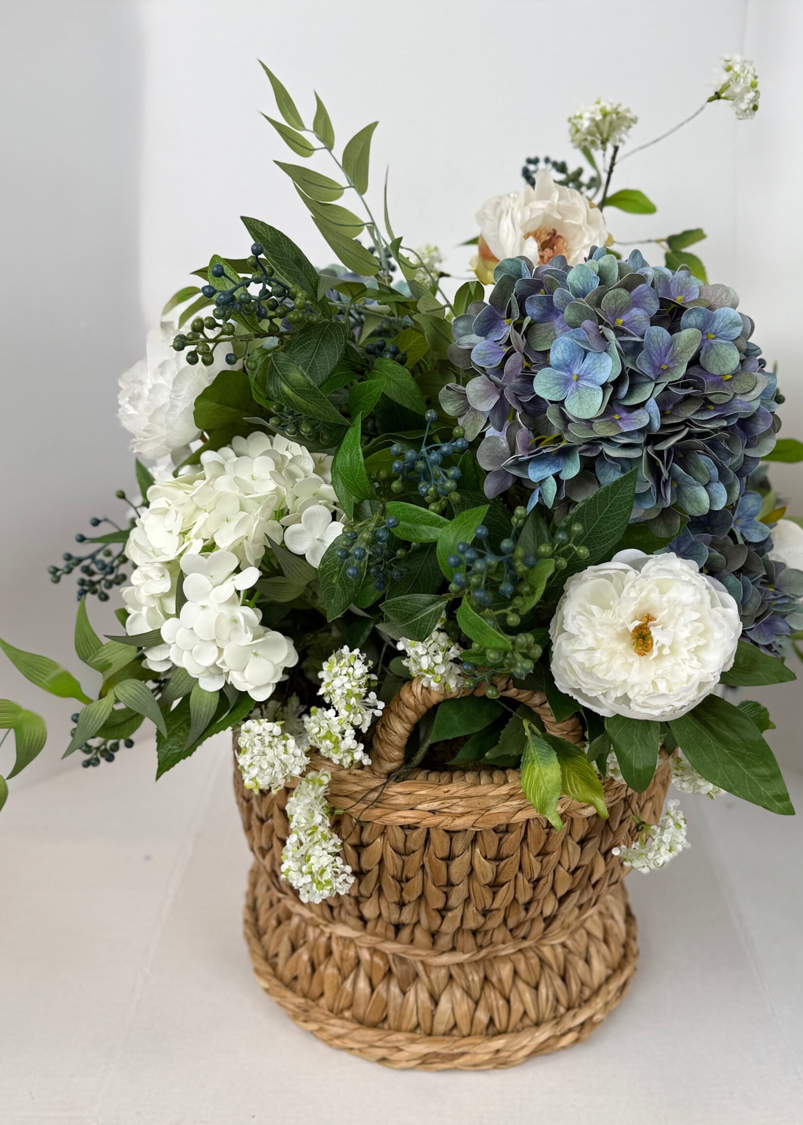 handcrafted floral Blue Hydrangea Garden Basket Arrangement