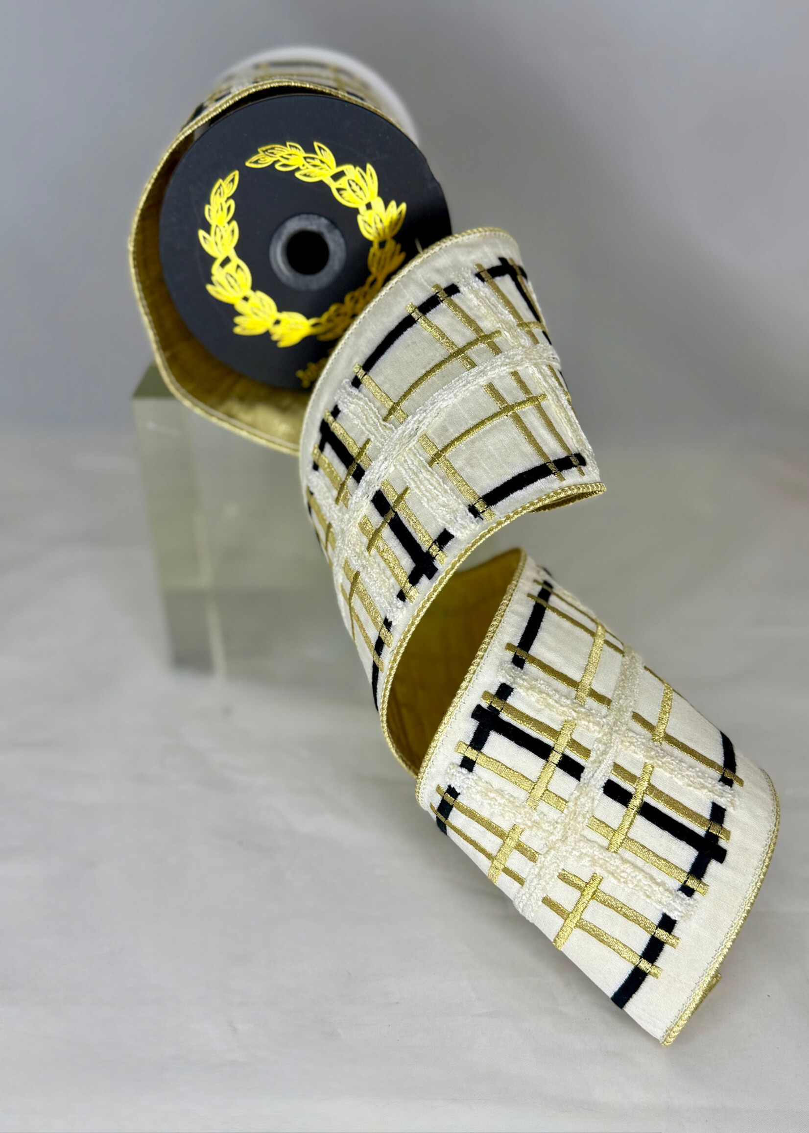 JME JME-WN25-174-IVR Embroidered Ivory, Gold, Black Plaid Dupion Fused Gold