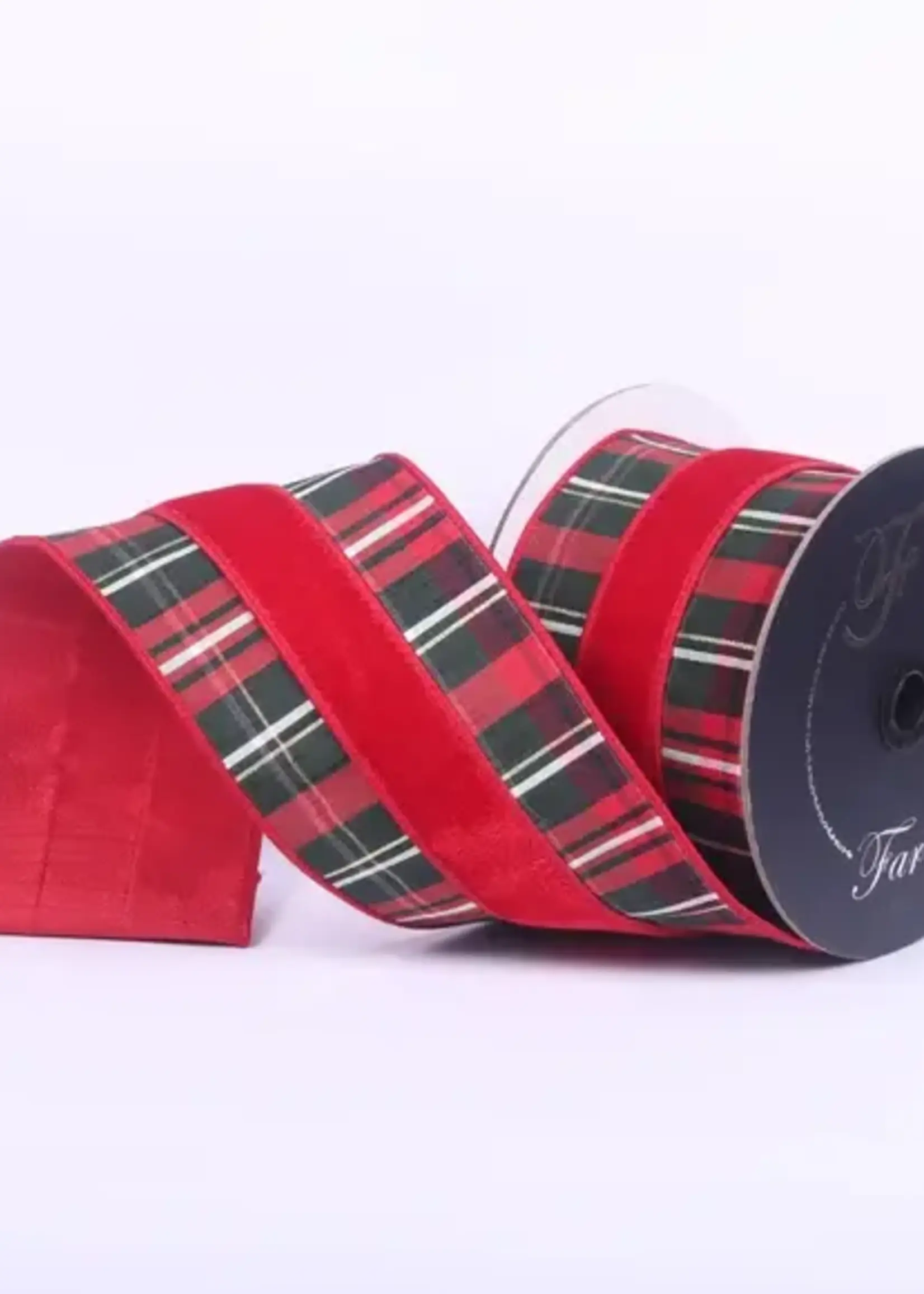 Farrisilk PLAID PLUSH RIBBON, RED PINE MULTI, 4"X10YD