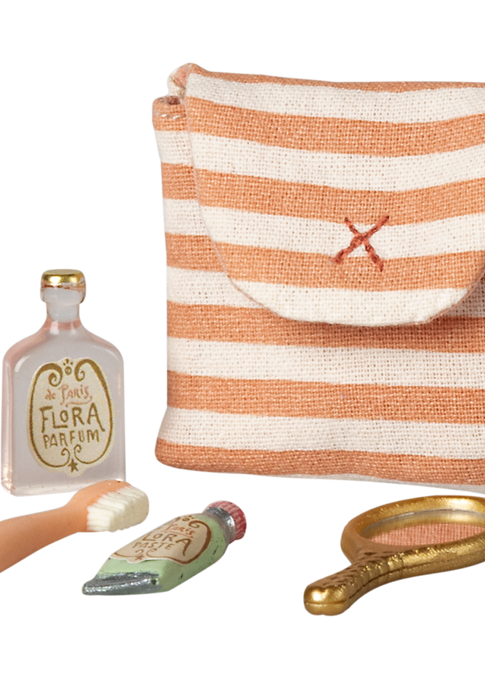 Maileg Toothbrush set in bag, Mouse - Coral stripe