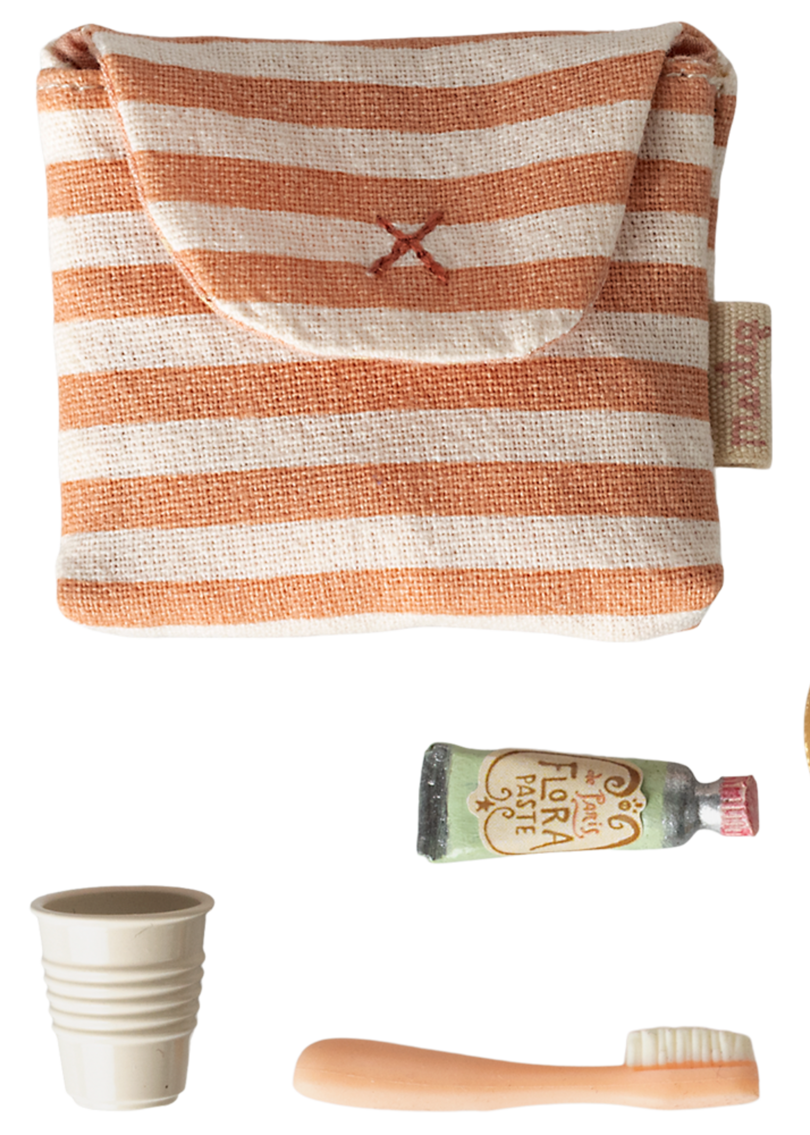 Maileg Toothbrush set in bag, Mouse - Coral stripe