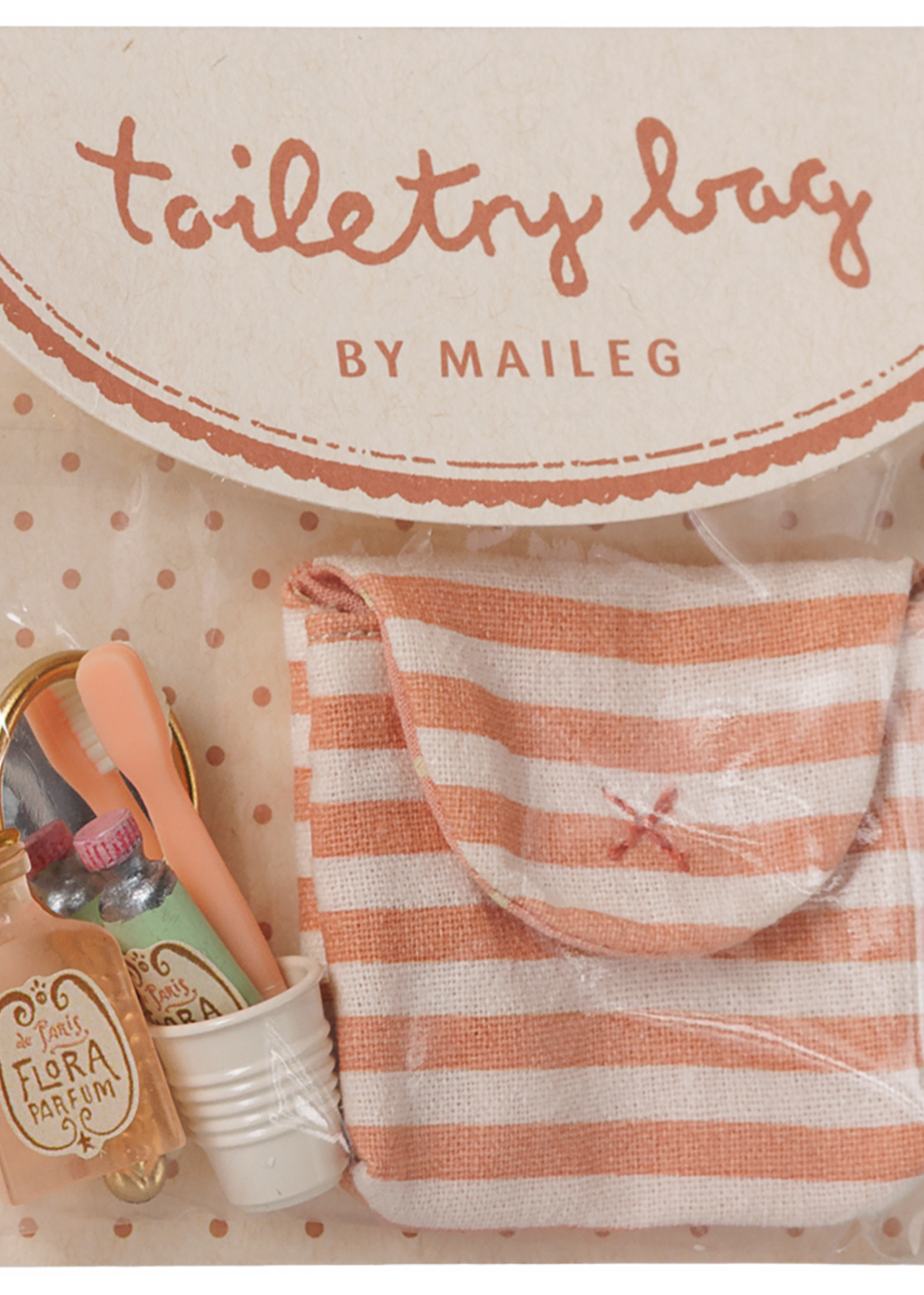 Maileg Toothbrush set in bag, Mouse - Coral stripe