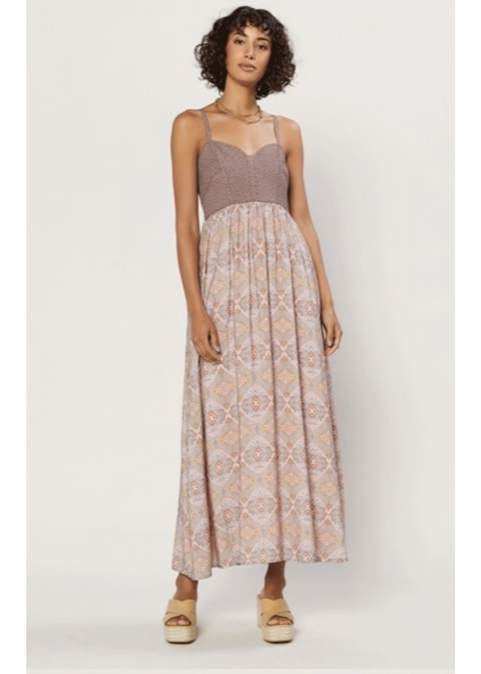 Sleeveless Print Maxi Dress With Quilted Top Deep Mauve