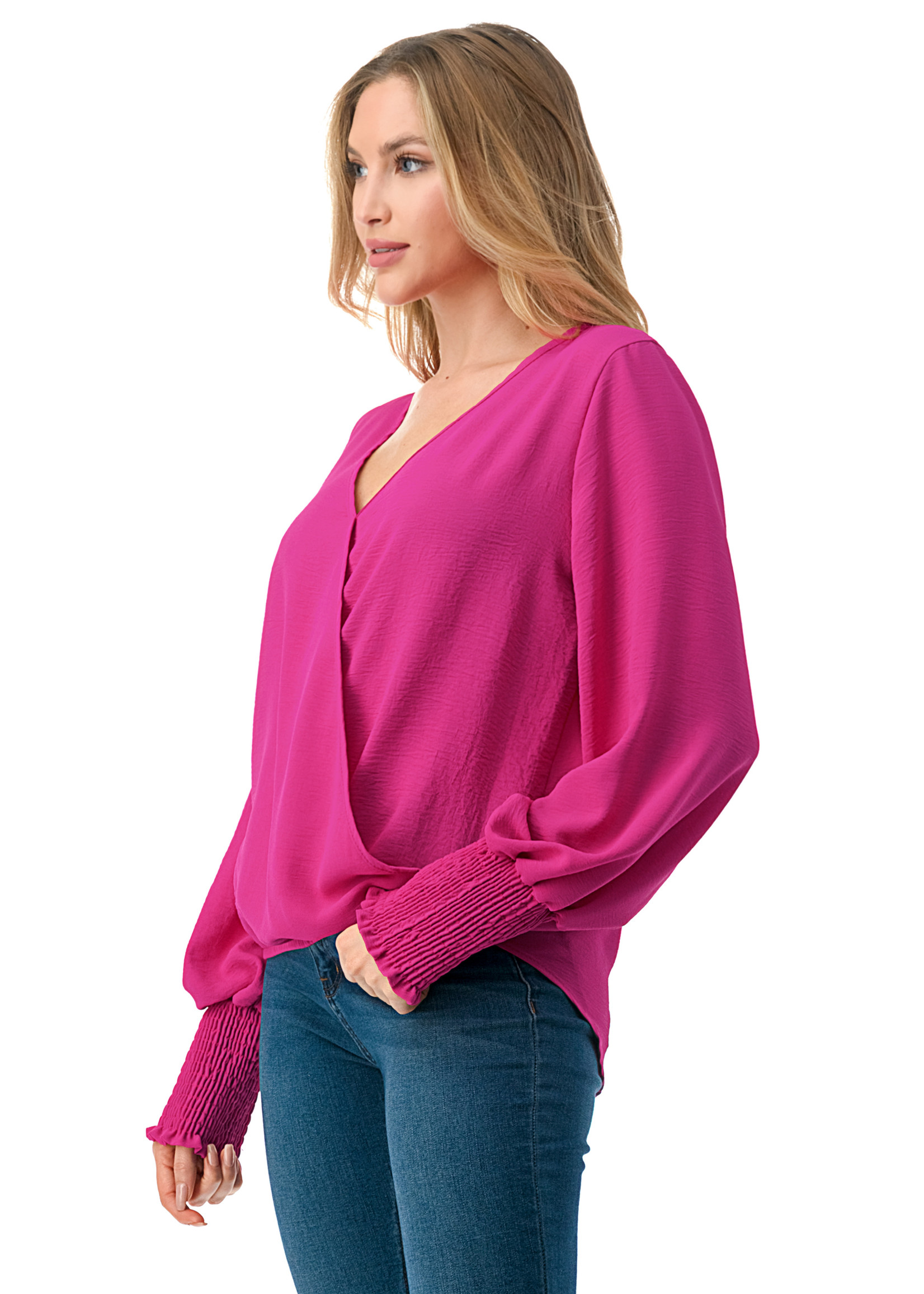 SURPLICE TOP WITH SMOCKING CUFFS HOT PINK