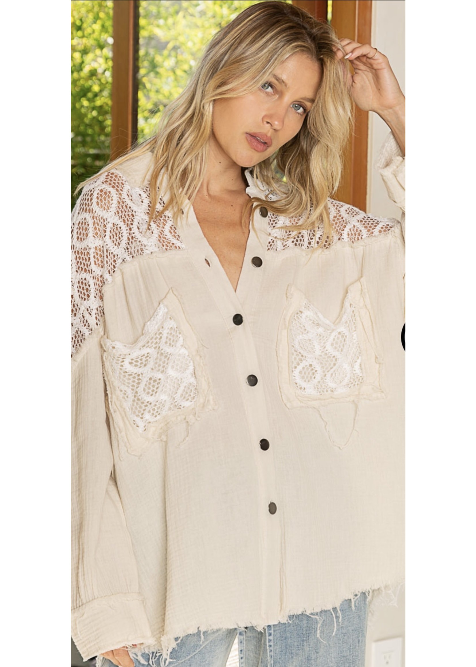 Button Down With Lace and Gauze Contrast