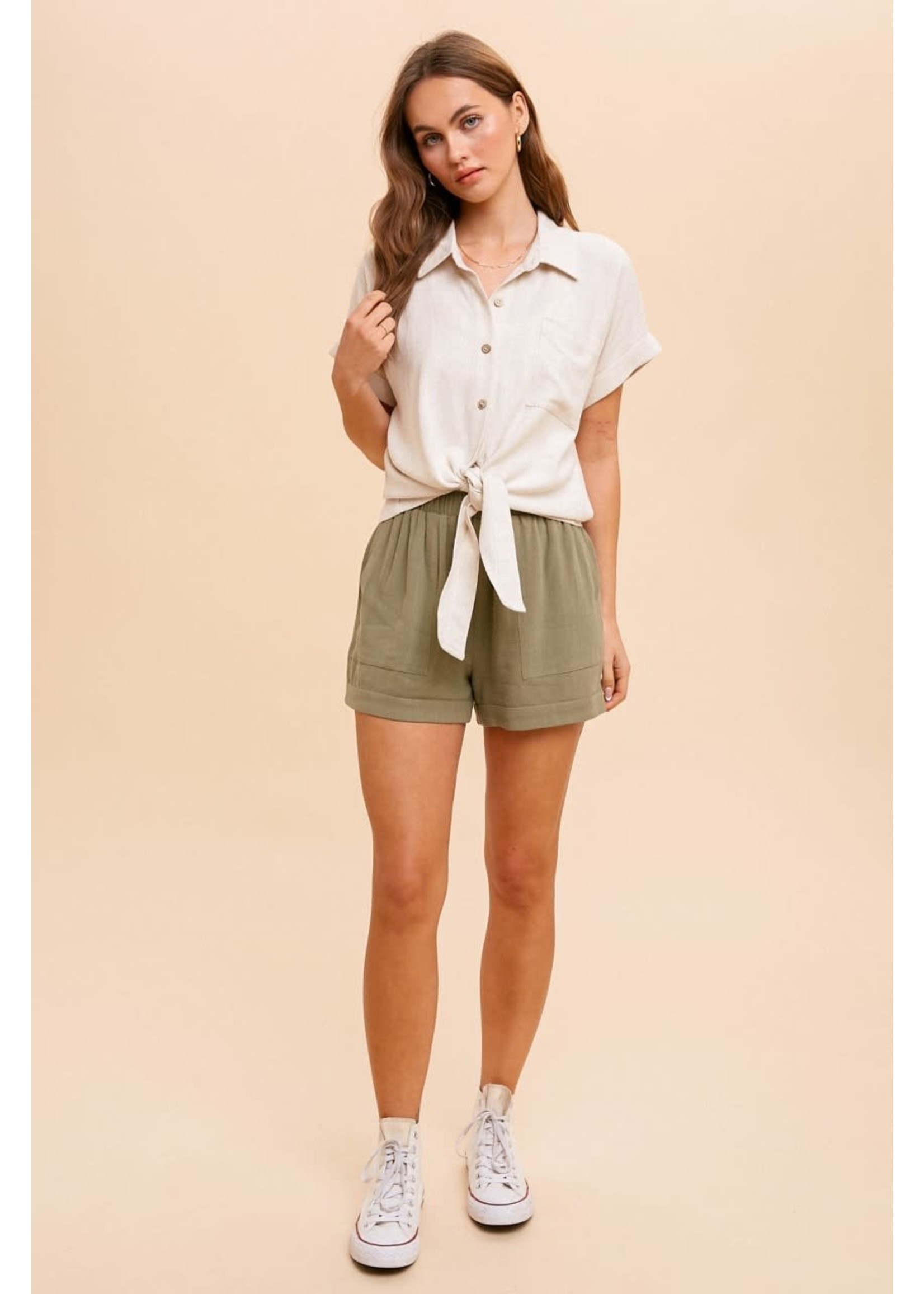 COCONUT BUTTON DETAILED BOXY TIE WAIST SHORT SLEEVE TOP