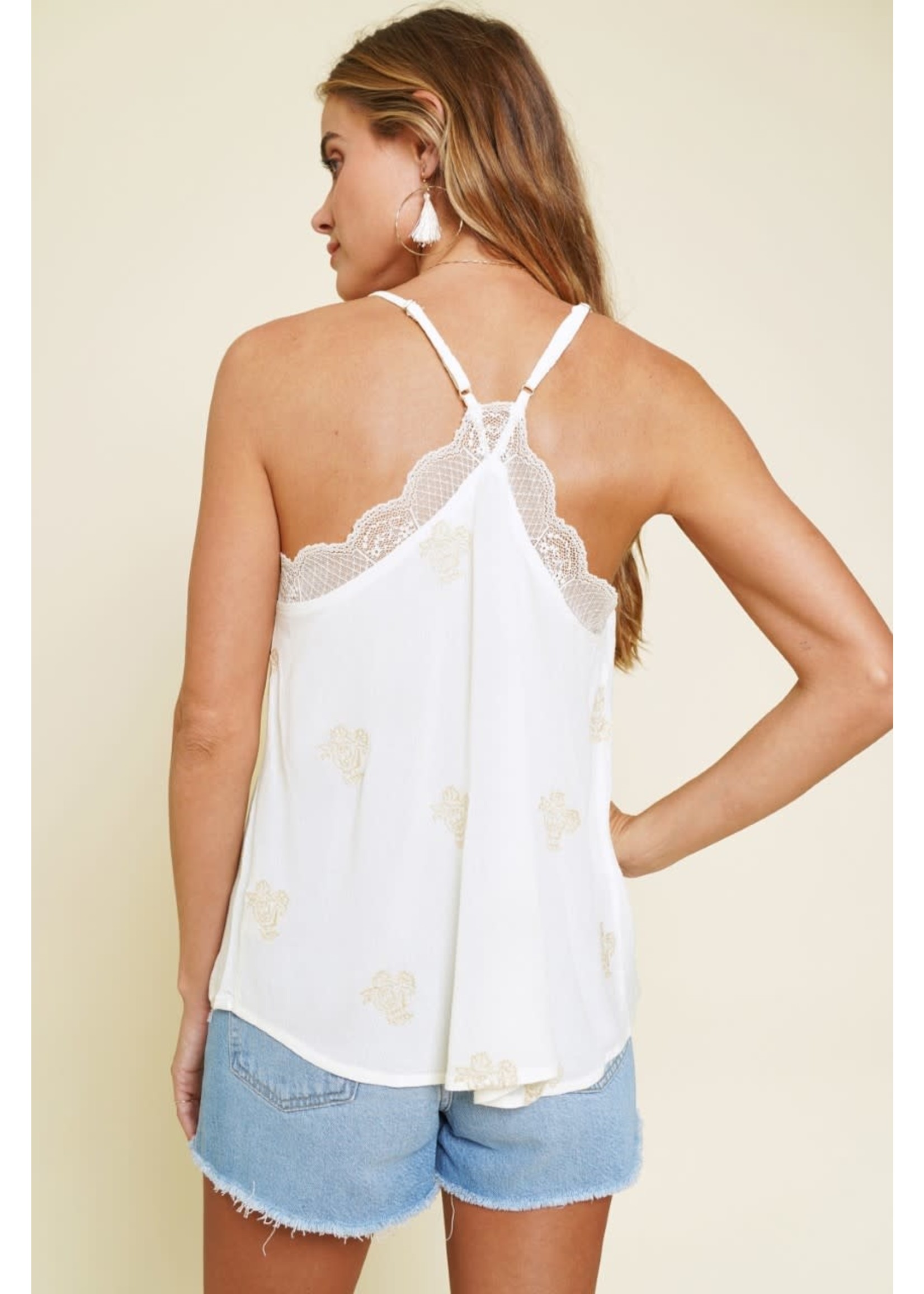 EMBROIDERED CAMI WITH TRIM LACE DETAIL