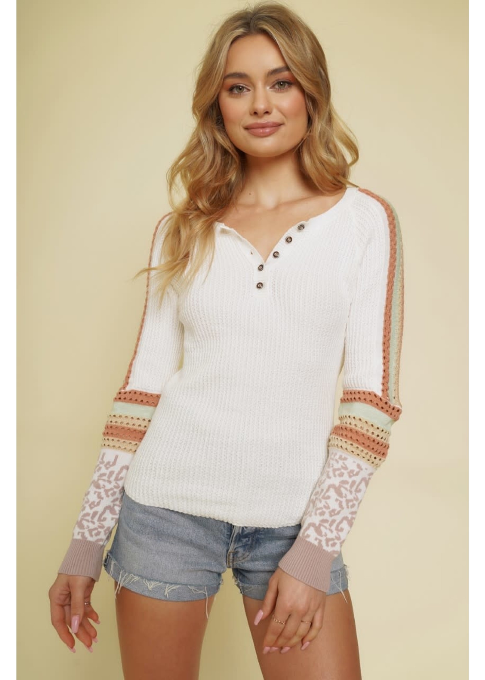 MIXED WEAVING CONTRASTING SWEATER HENLEY TO
