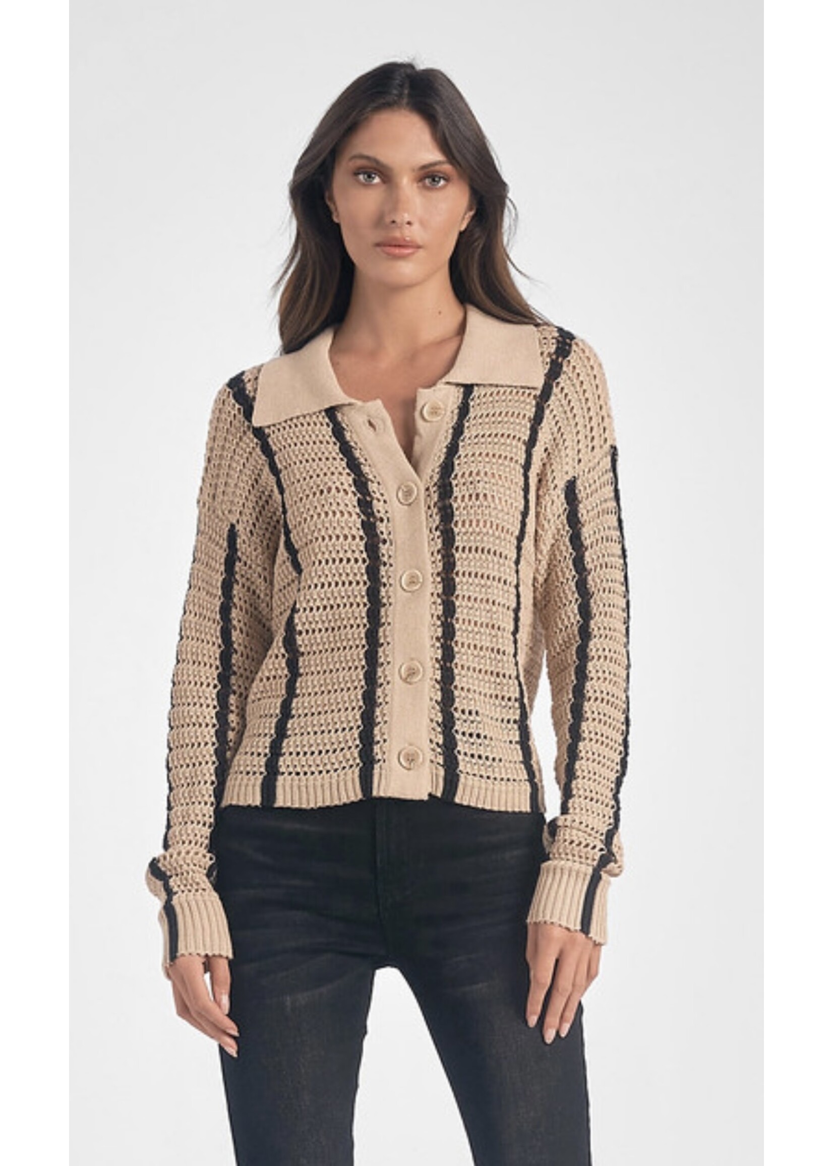 TAN AND BLACK BUTTON FRONT KNIT TOP