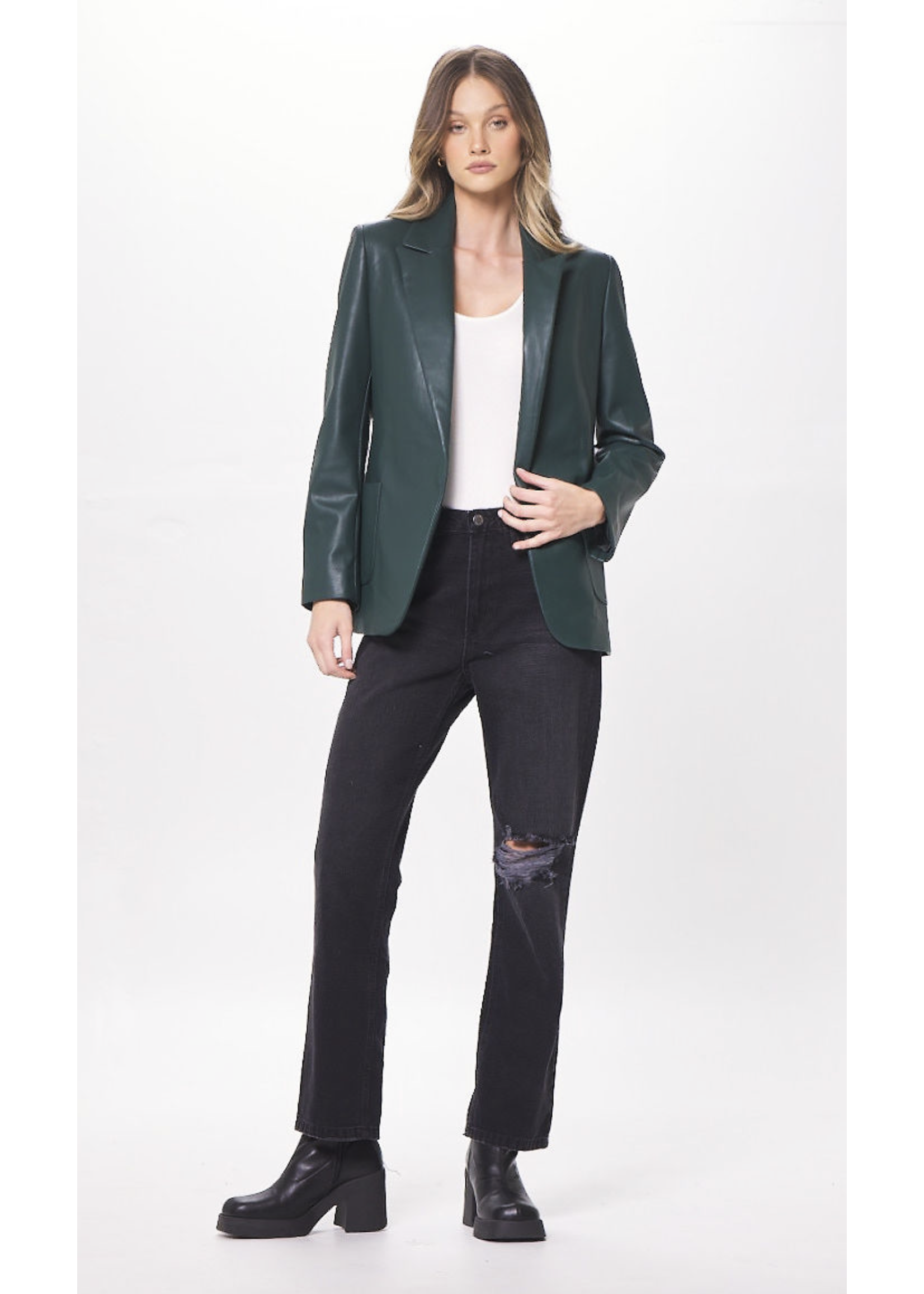 FOREST GREEN FAUX LEATHER BLAZER