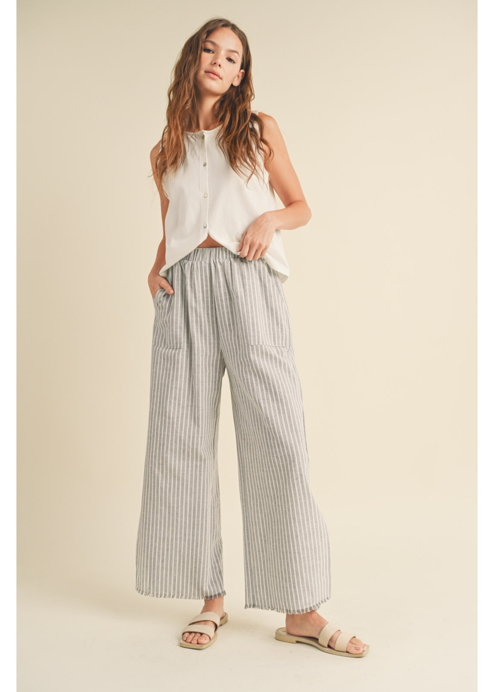 STRIPED LINEN PANTS WITH RAW EDGE DETAIL