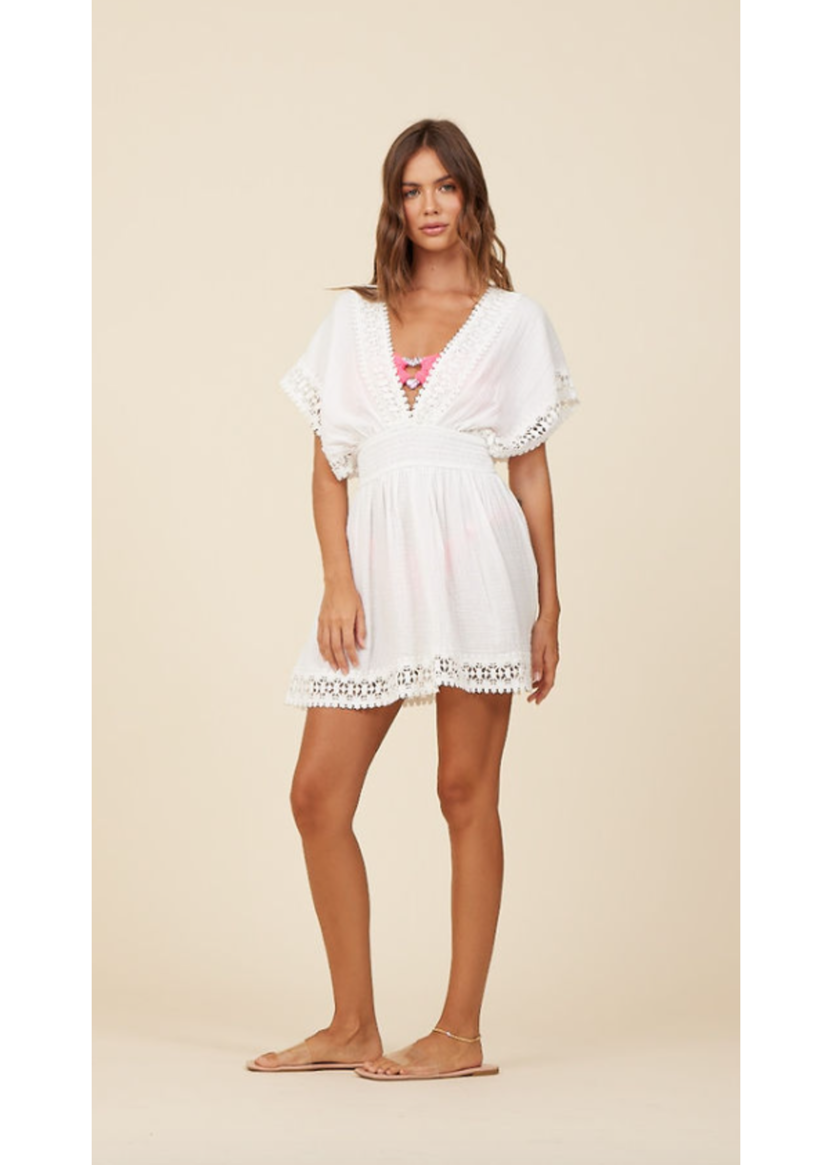 WHITE GAUZE W/ CROCHET V-NECK DRESS