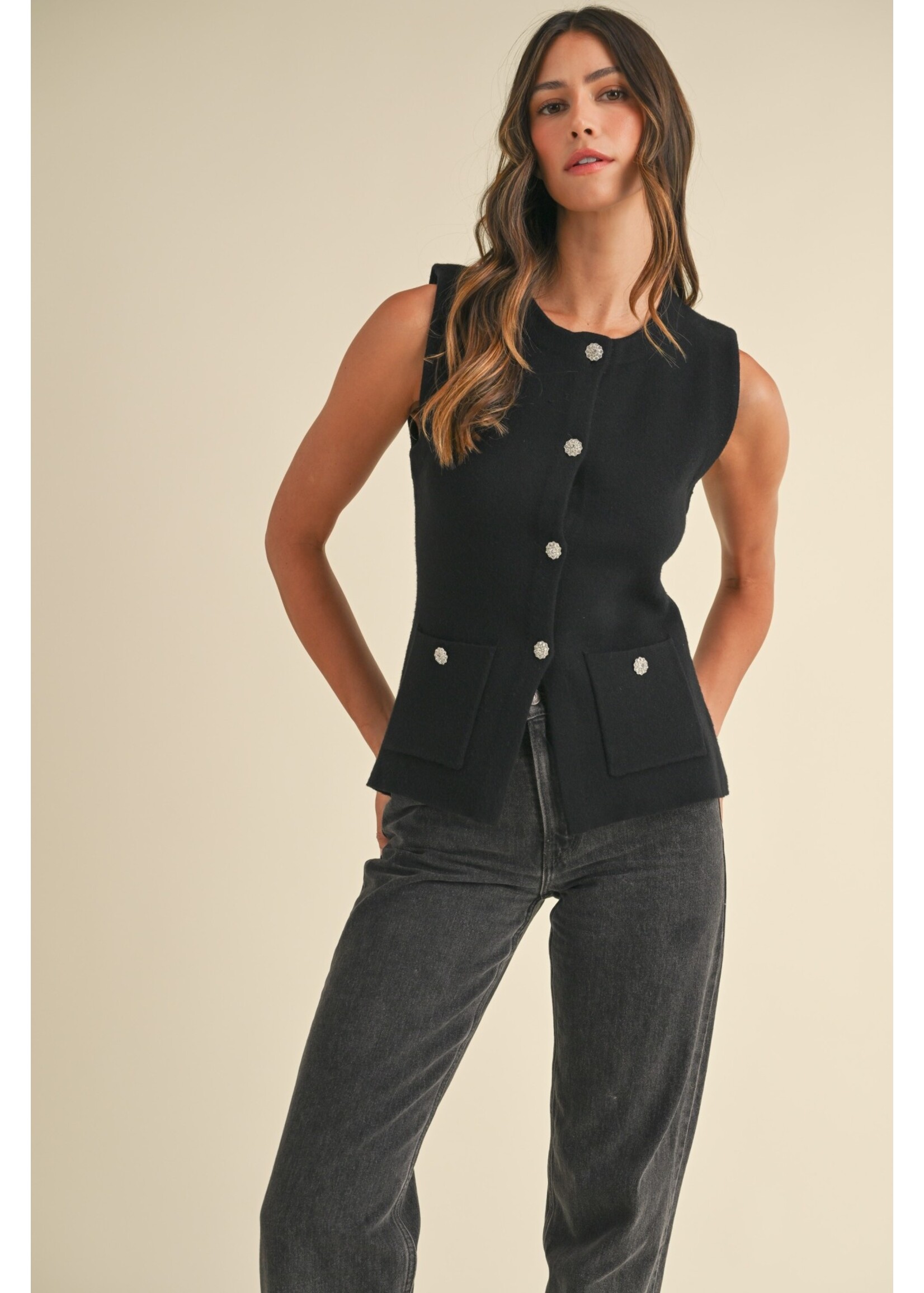 CRYSTAL BUTTON DOWN SWEATER VEST