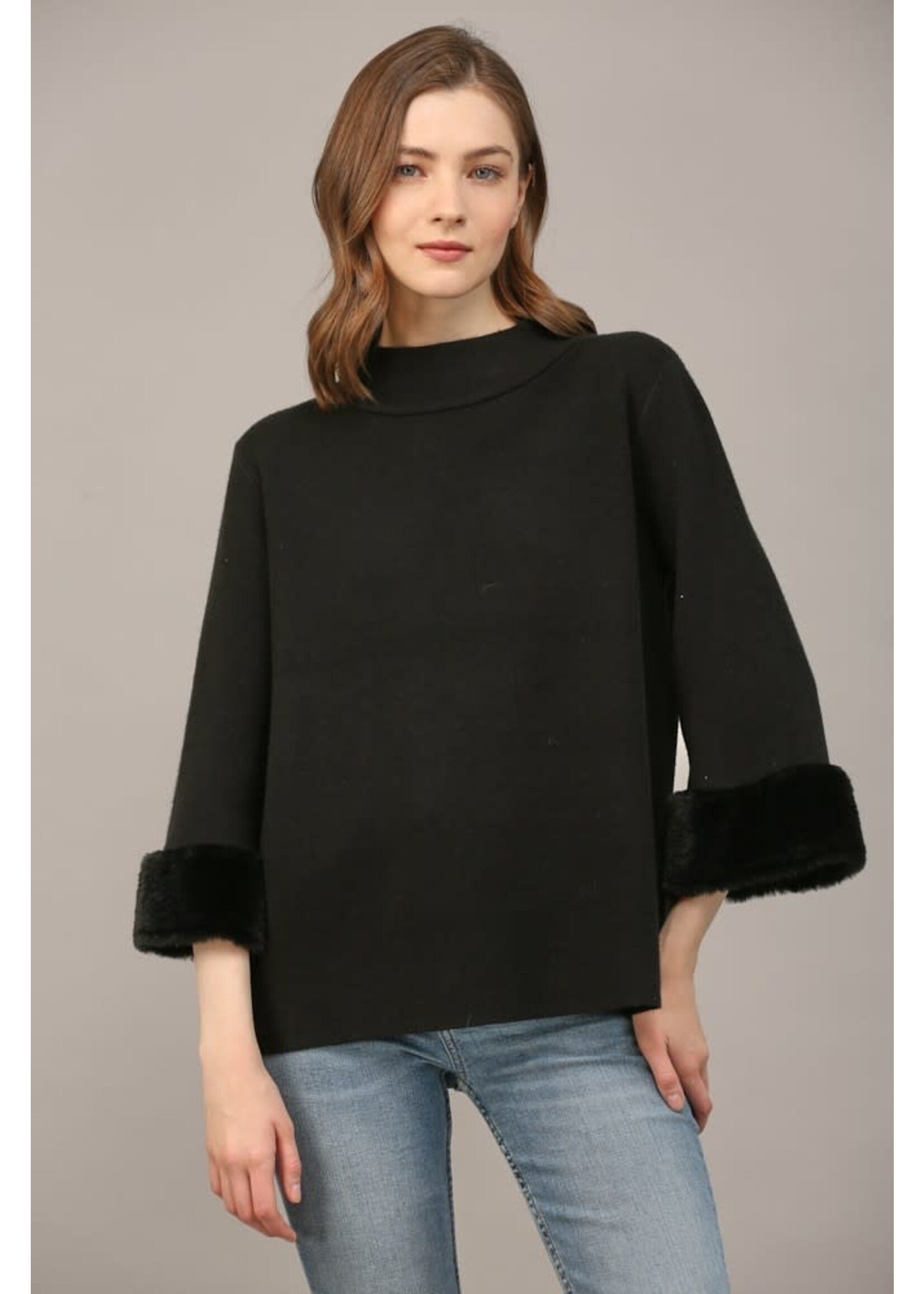 FUR SLEEVEL MOCK NECK SWEATER