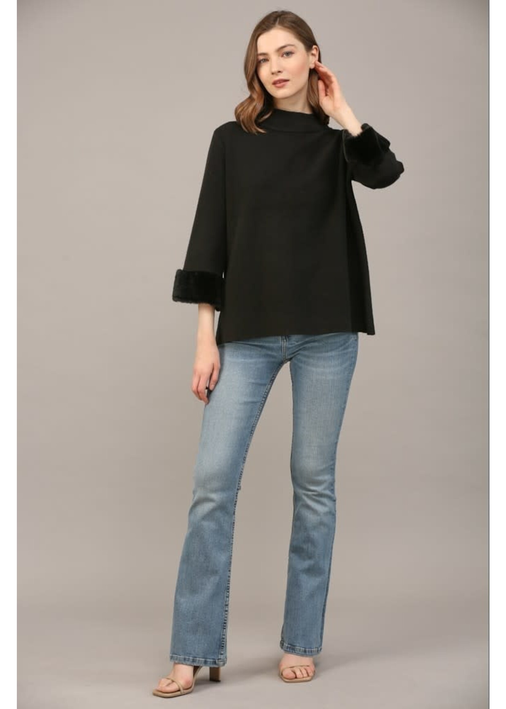 FUR SLEEVEL MOCK NECK SWEATER