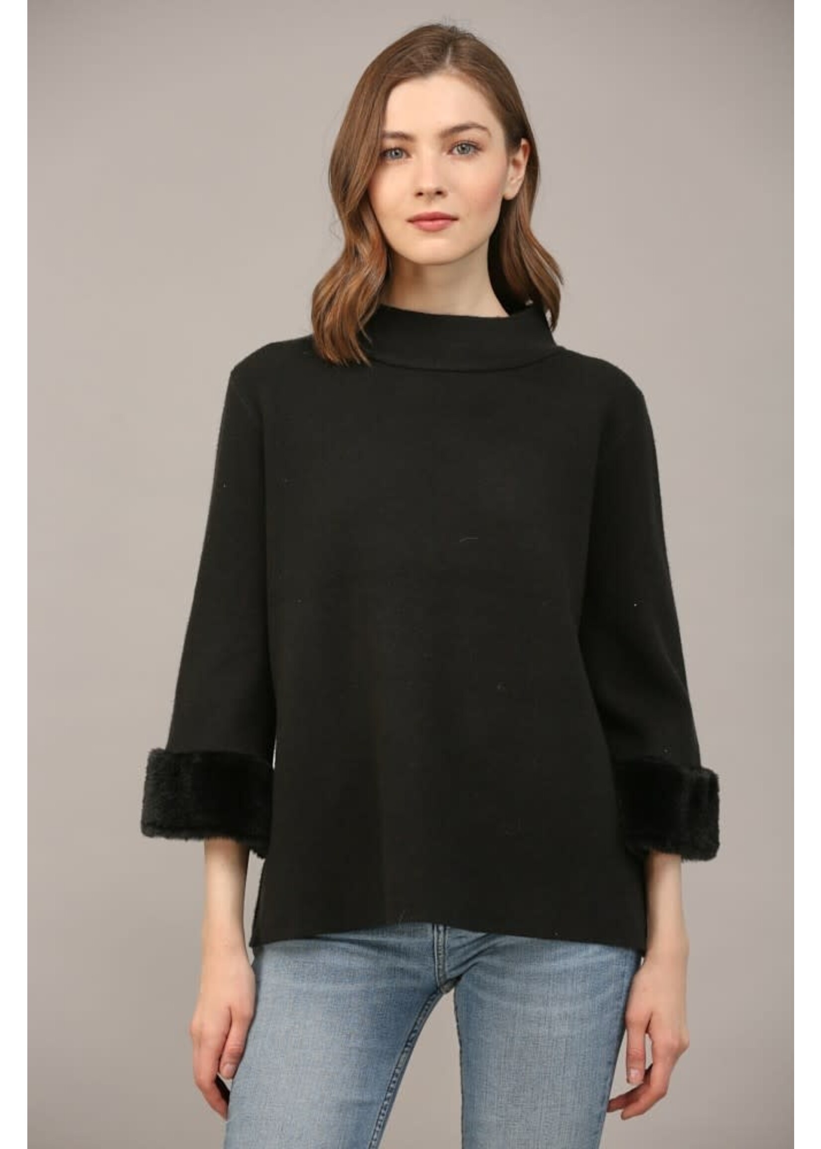 FUR SLEEVEL MOCK NECK SWEATER