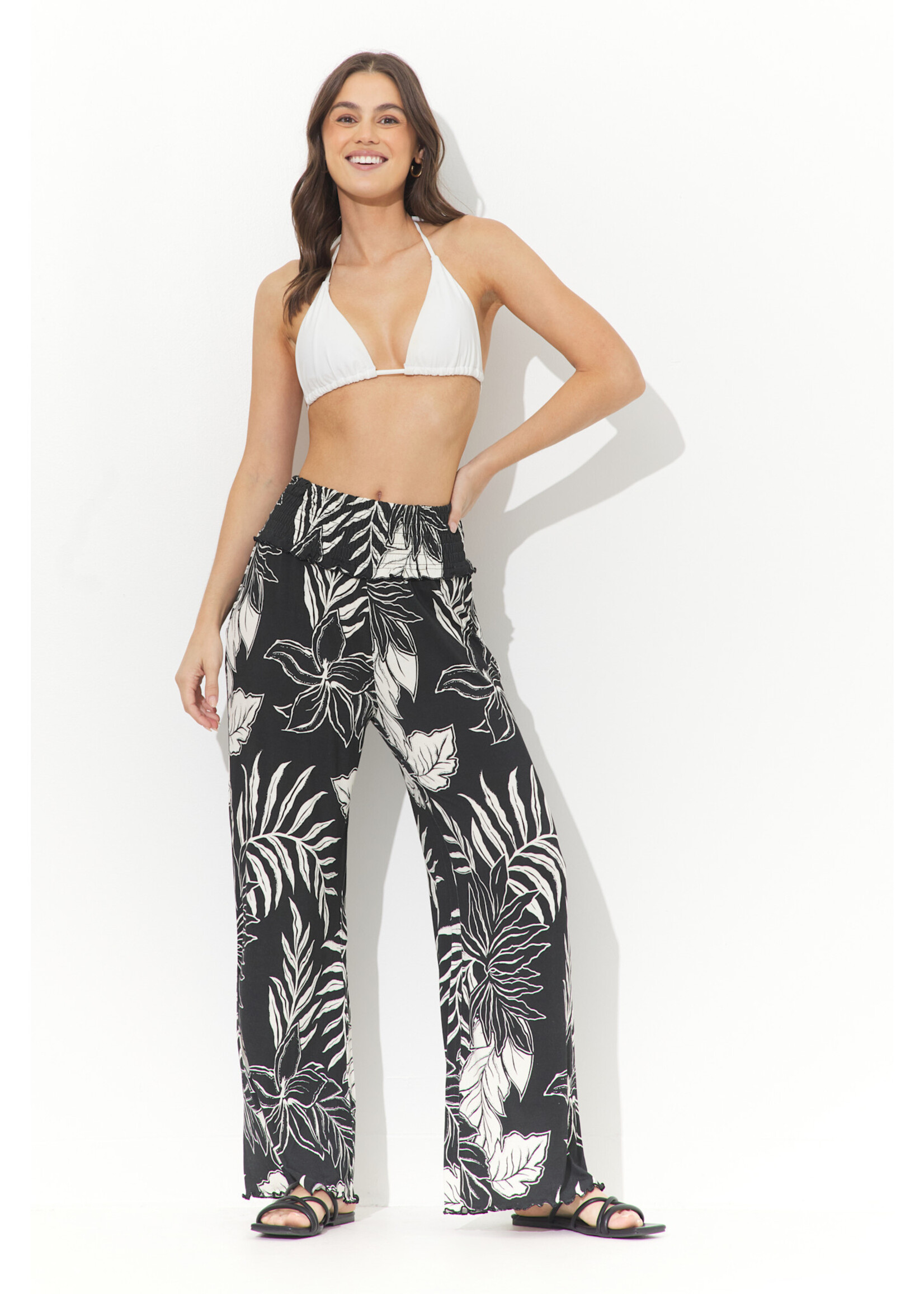 JUMBO LEAF PRINTED SMOCKED WAIST PANT