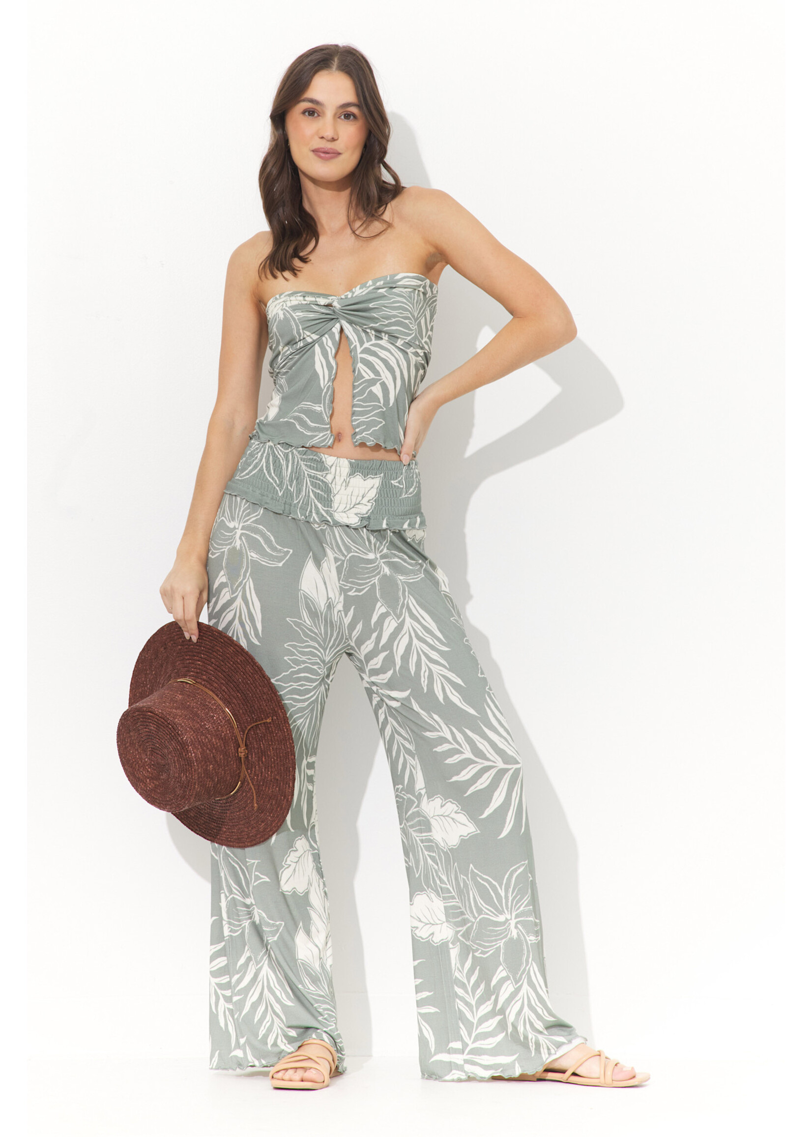 JUMBO LEAF PRINTED SMOCKED WAIST PANT
