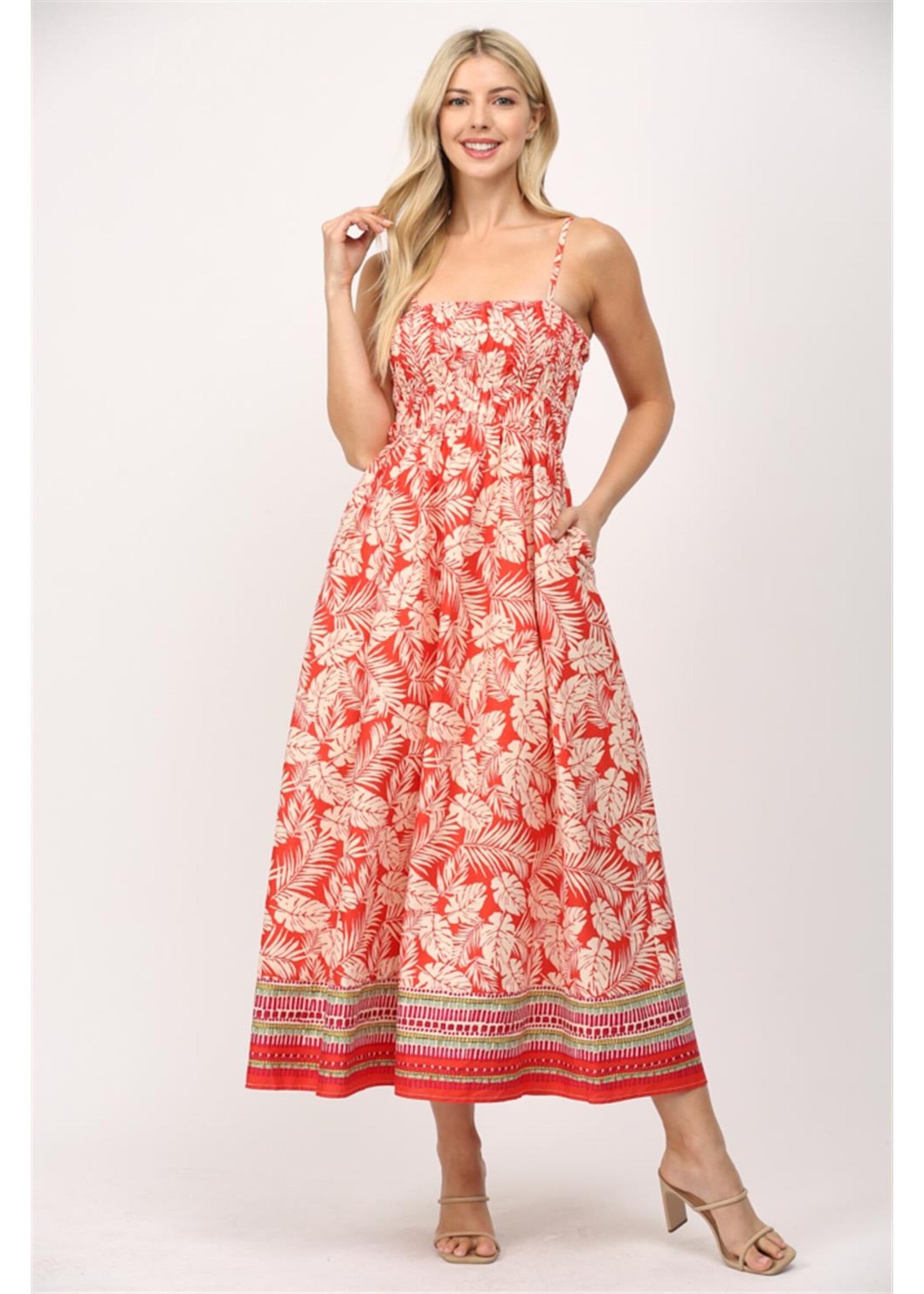 RED PRINT MIDI DRESS