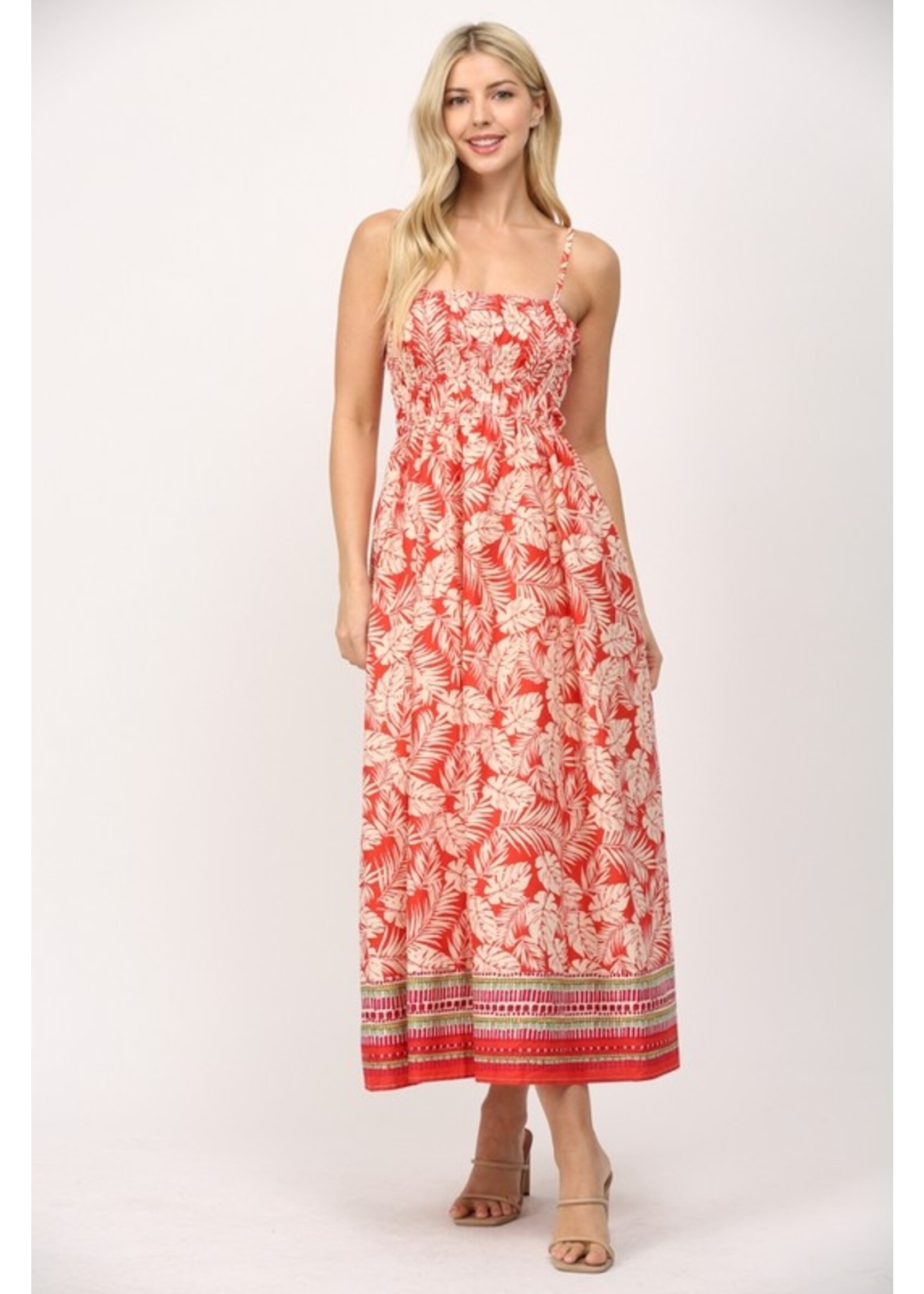 RED PRINT MIDI DRESS